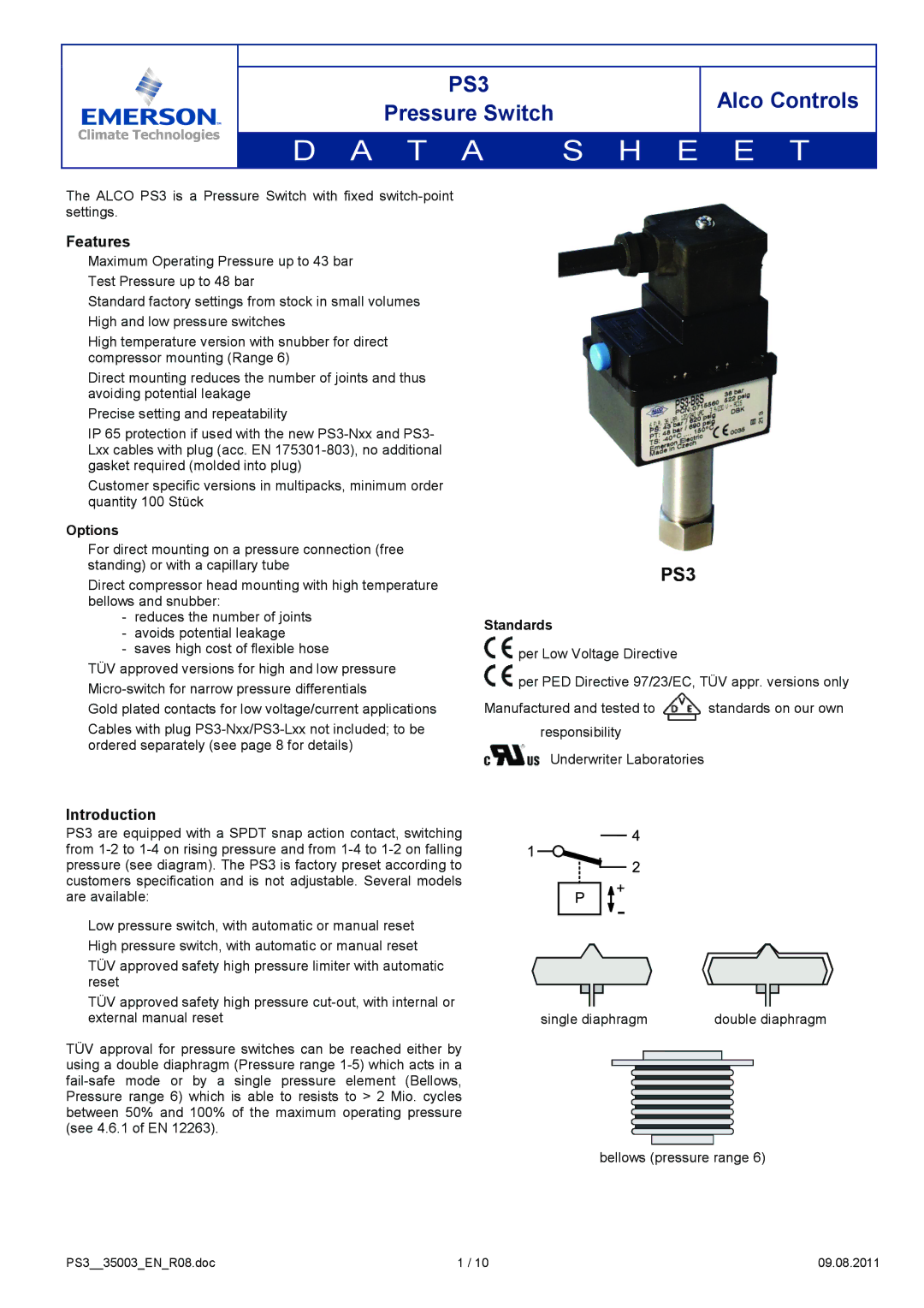 Emerson PS3 manual Features, Introduction, Options, Standards 