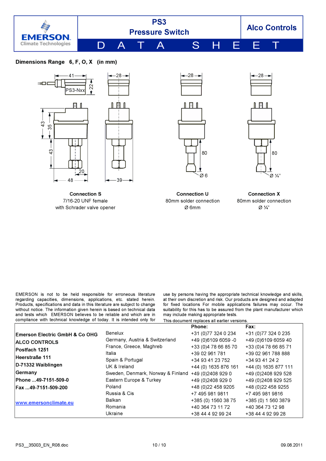 Emerson PS3 manual Dimensions Range 6, F, O, Alco Controls 