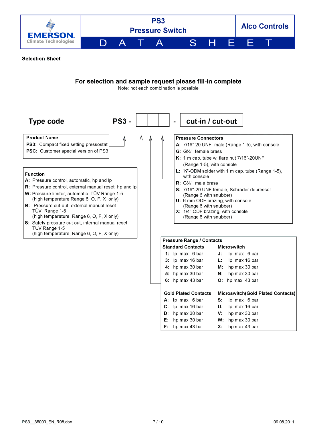 Emerson PS3 manual Selection Sheet 