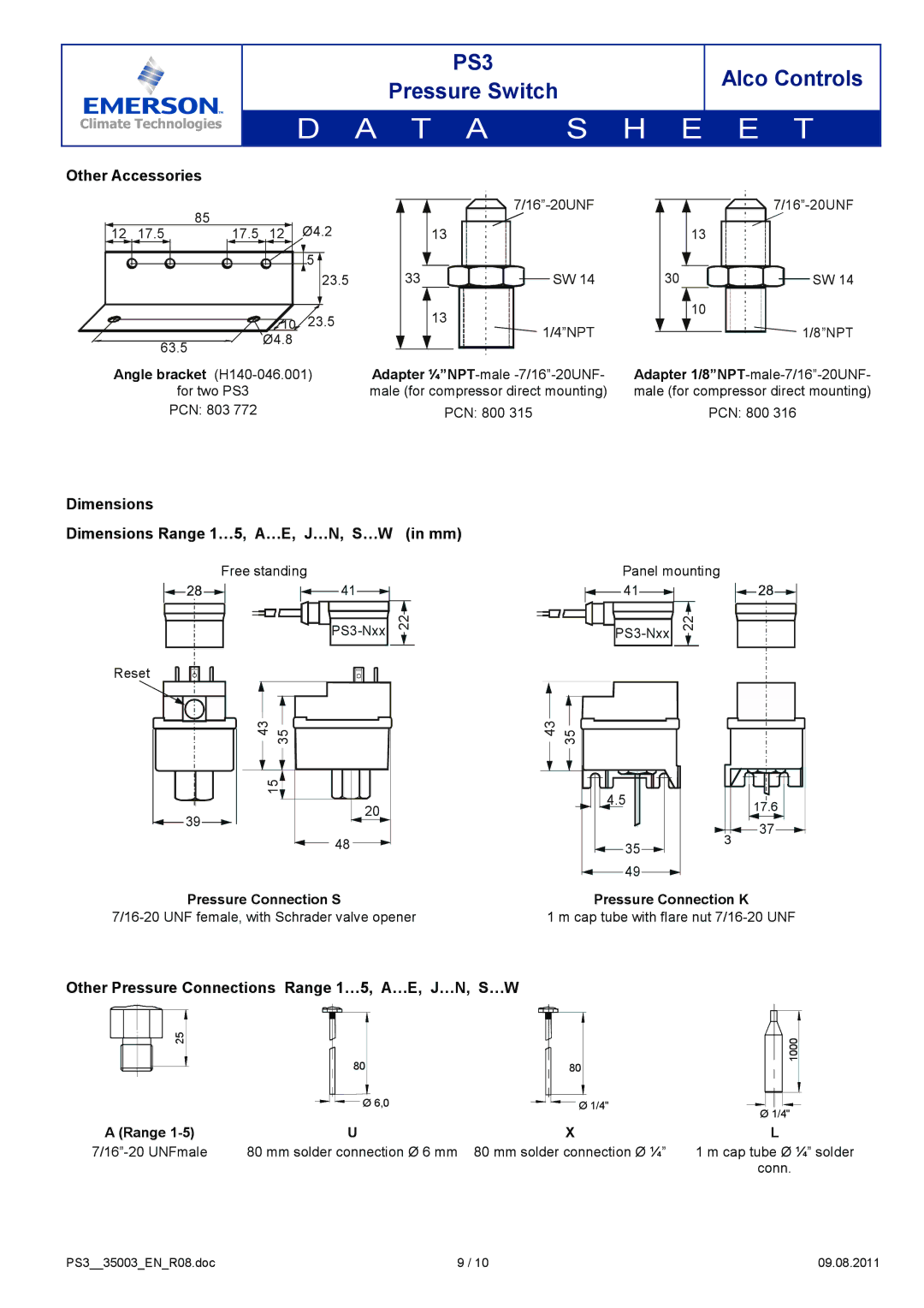 Emerson PS3 manual Other Accessories, Dimensions Dimensions Range 1…5, A…E, J…N, S…W in mm 