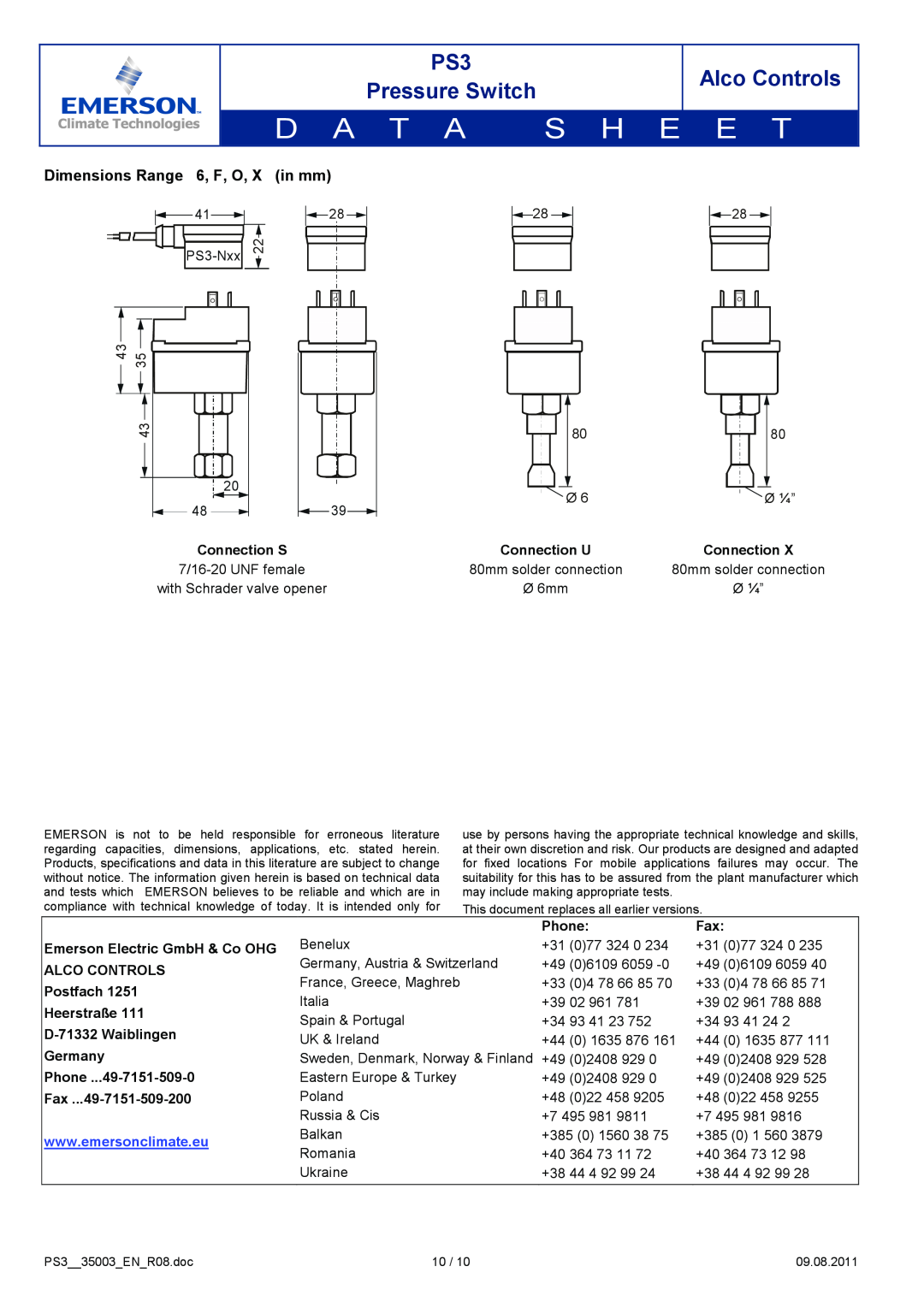 Emerson manual Dimensions Range 6, F, O, in mm, Alco Controls, Pressure Switch, PS3-Nxx, Ø ¼” 