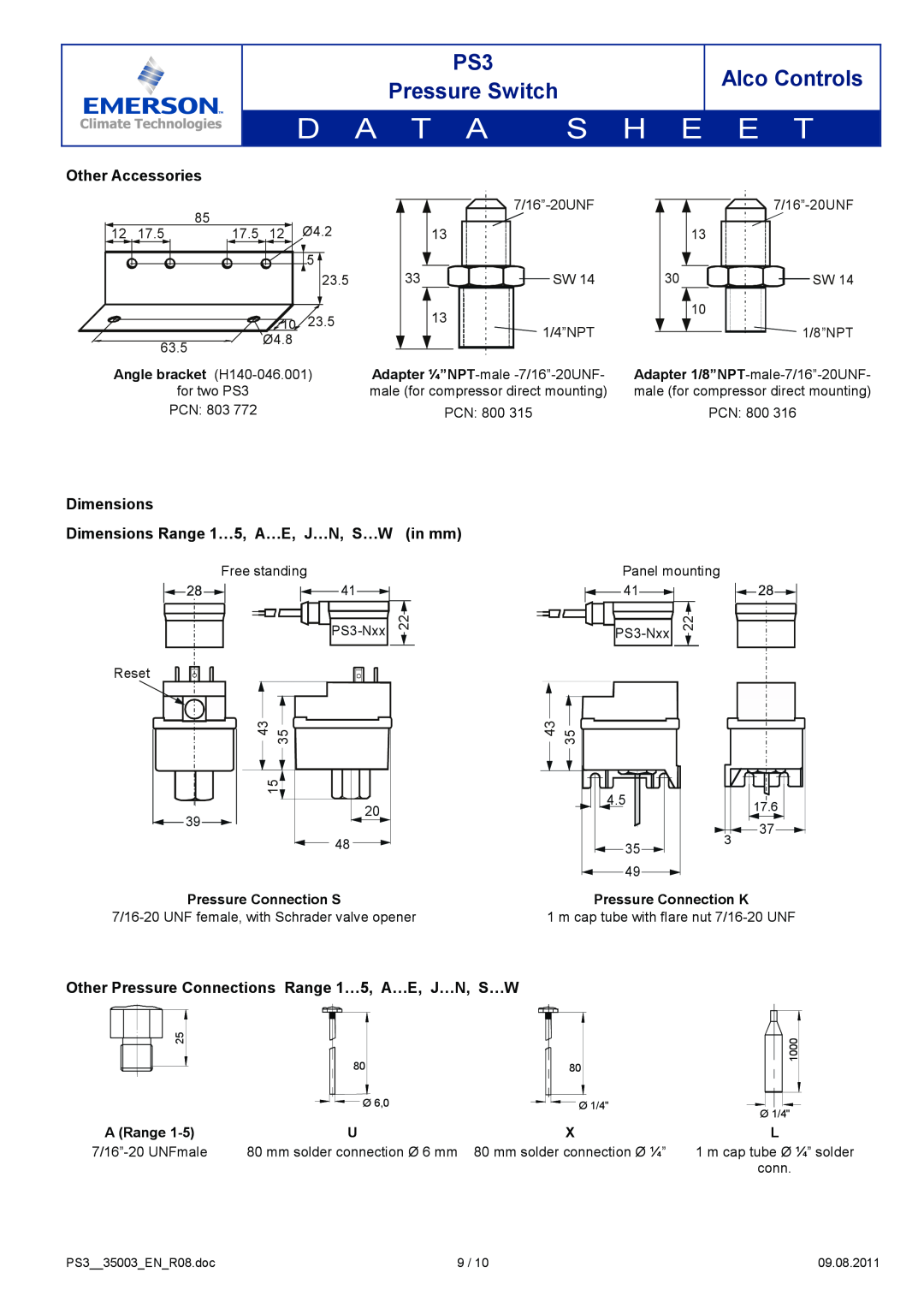 Emerson PS3 Other Accessories, Dimensions Dimensions Range 1…5, A…E, J…N, S…W in mm, Alco Controls, Pressure Switch, 17.5 