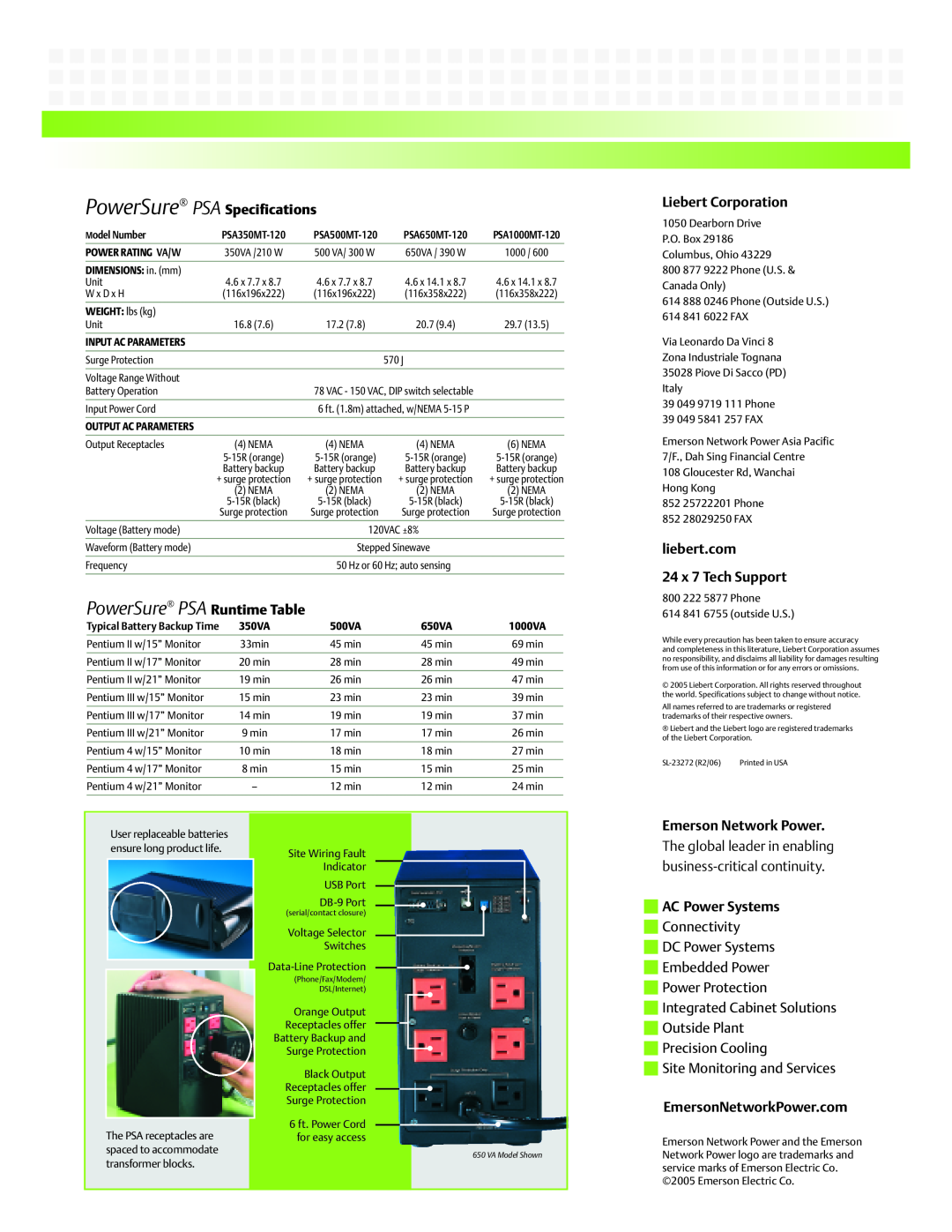 Emerson PSA350MT-120 PowerSure PSA Runtime Table, PowerSure PSA Specifications, Liebert Corporation, Emerson Network Power 