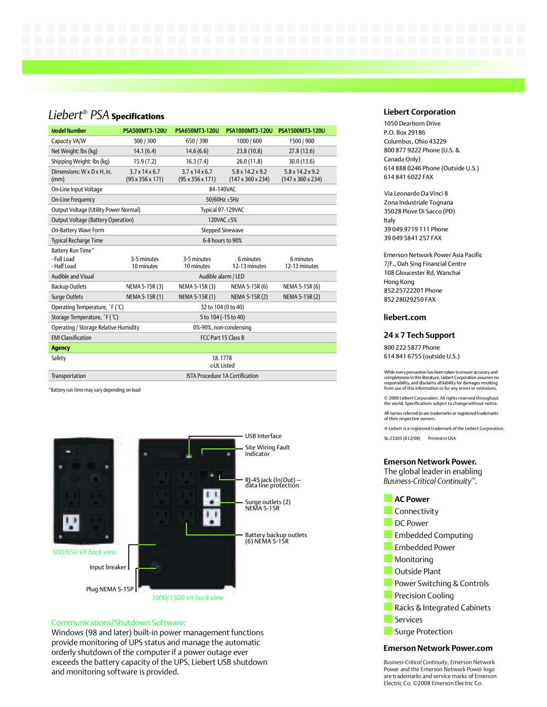 Emerson PSA650MT3-120U Liebert PSA Specifications, Communications/Shutdown Software, Liebert Corporation, AC Power, Agency 