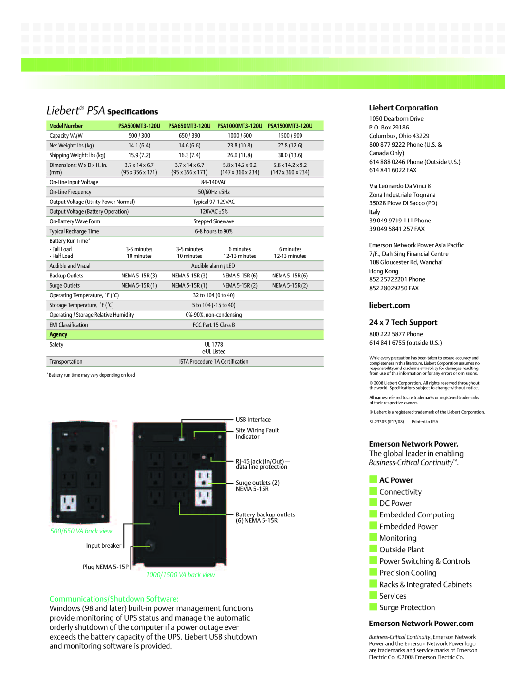 Emerson PSA650MT3-120U warranty Liebert PSA Specifications, Liebert Corporation, Liebert.com 24 x 7 Tech Support, AC Power 