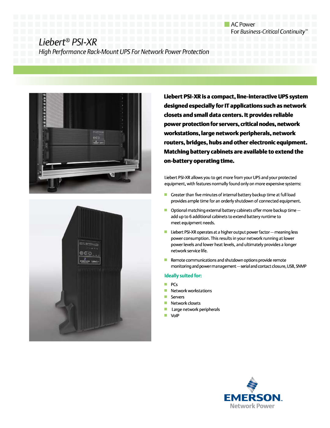 Emerson manual Ideally suited for, Liebert PSI-XR, AC Power, For Business-CriticalContinuity 