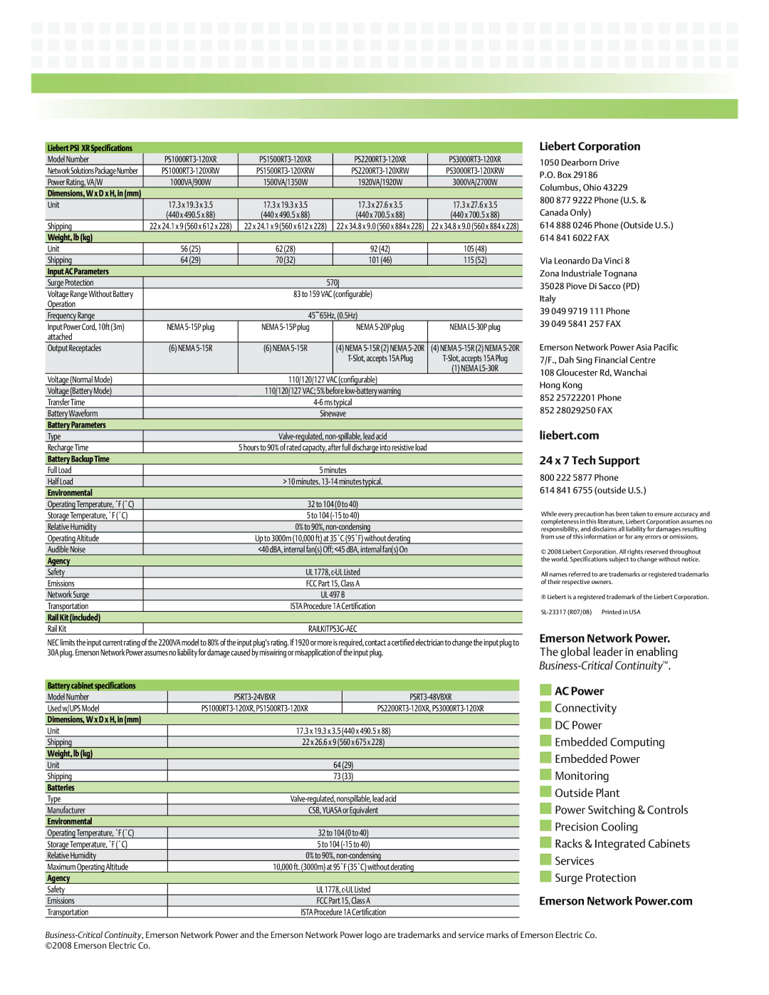 Emerson PSI-XR manual Liebert Corporation, Liebert.com 24 x 7 Tech Support, Emerson Network Power, AC Power 