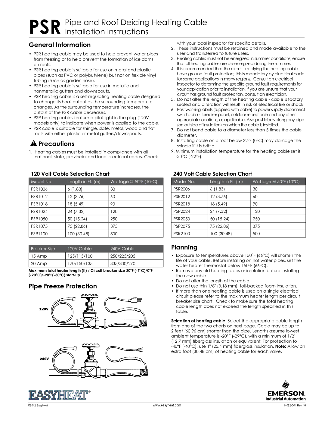 Emerson PSR 1006 installation instructions General Information, Precautions, Pipe Freeze Protection, Planning 