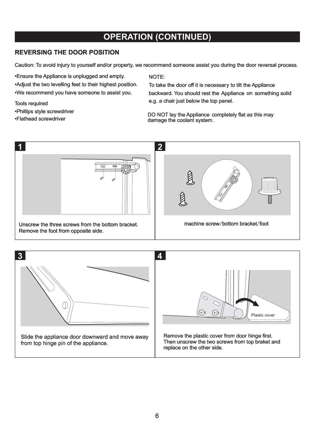 Emerson Refrigerator important safety instructions Operation Continued, Reversing The Door Position 