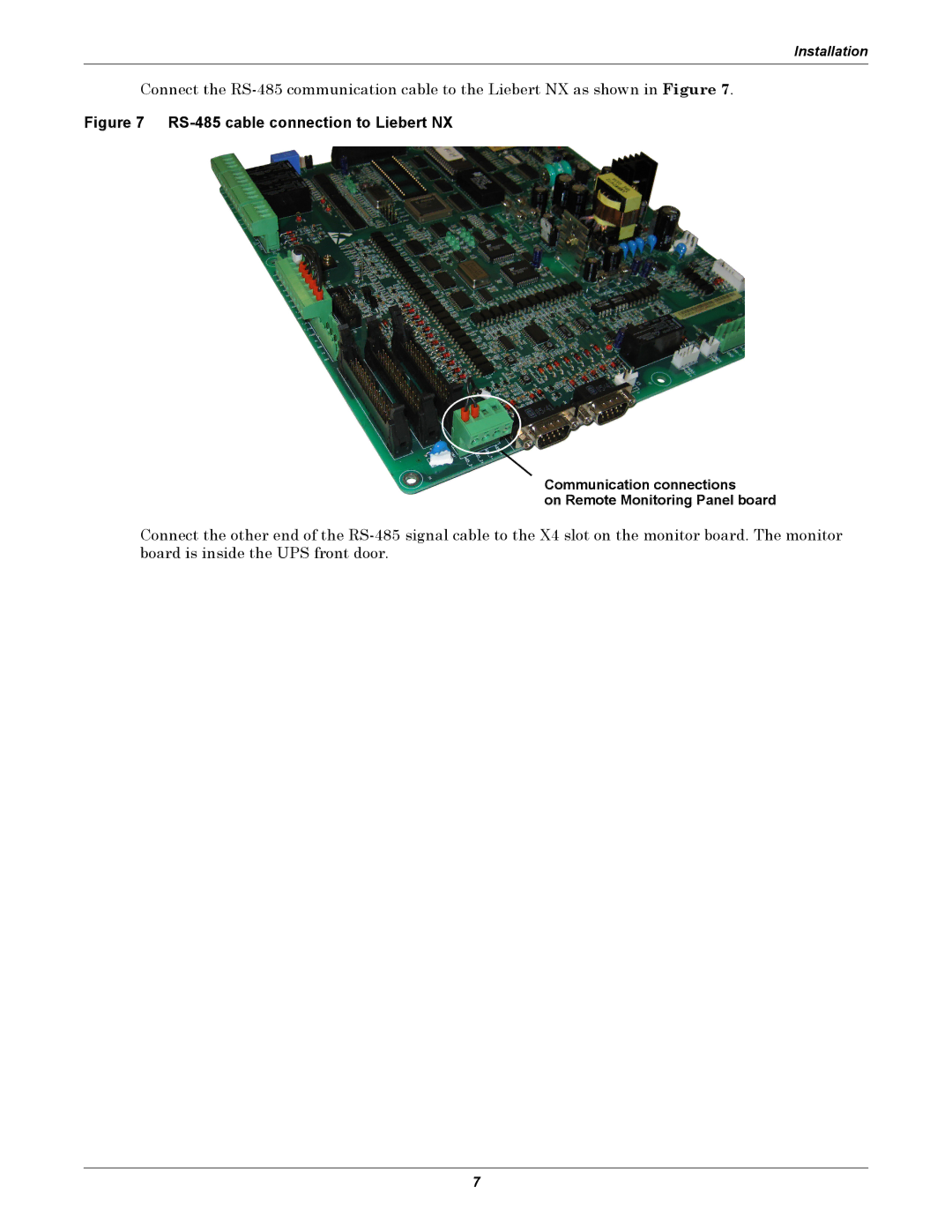 Emerson Remote Monitoring Panel user manual RS-485 cable connection to Liebert NX 