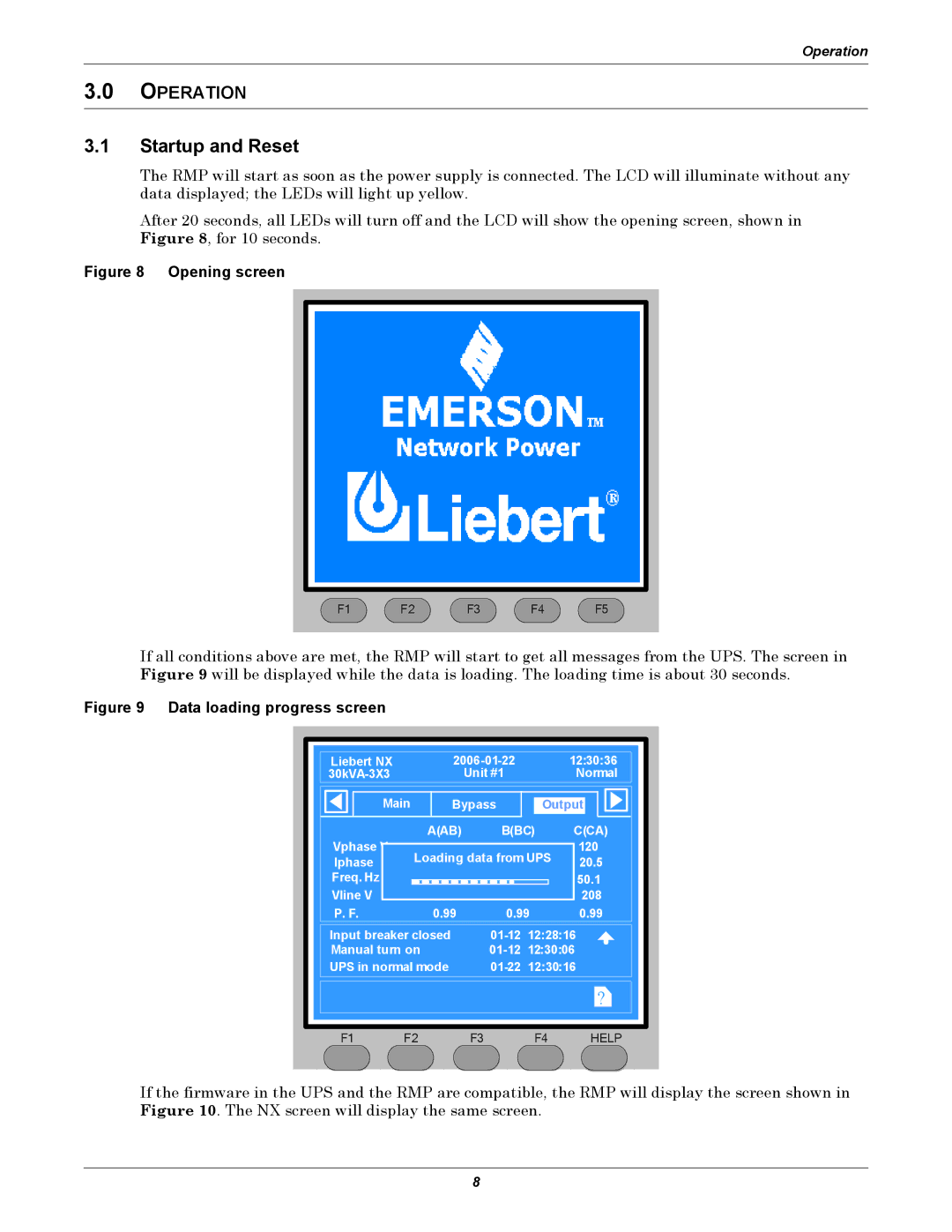 Emerson Remote Monitoring Panel user manual Startup and Reset, Opening screen 