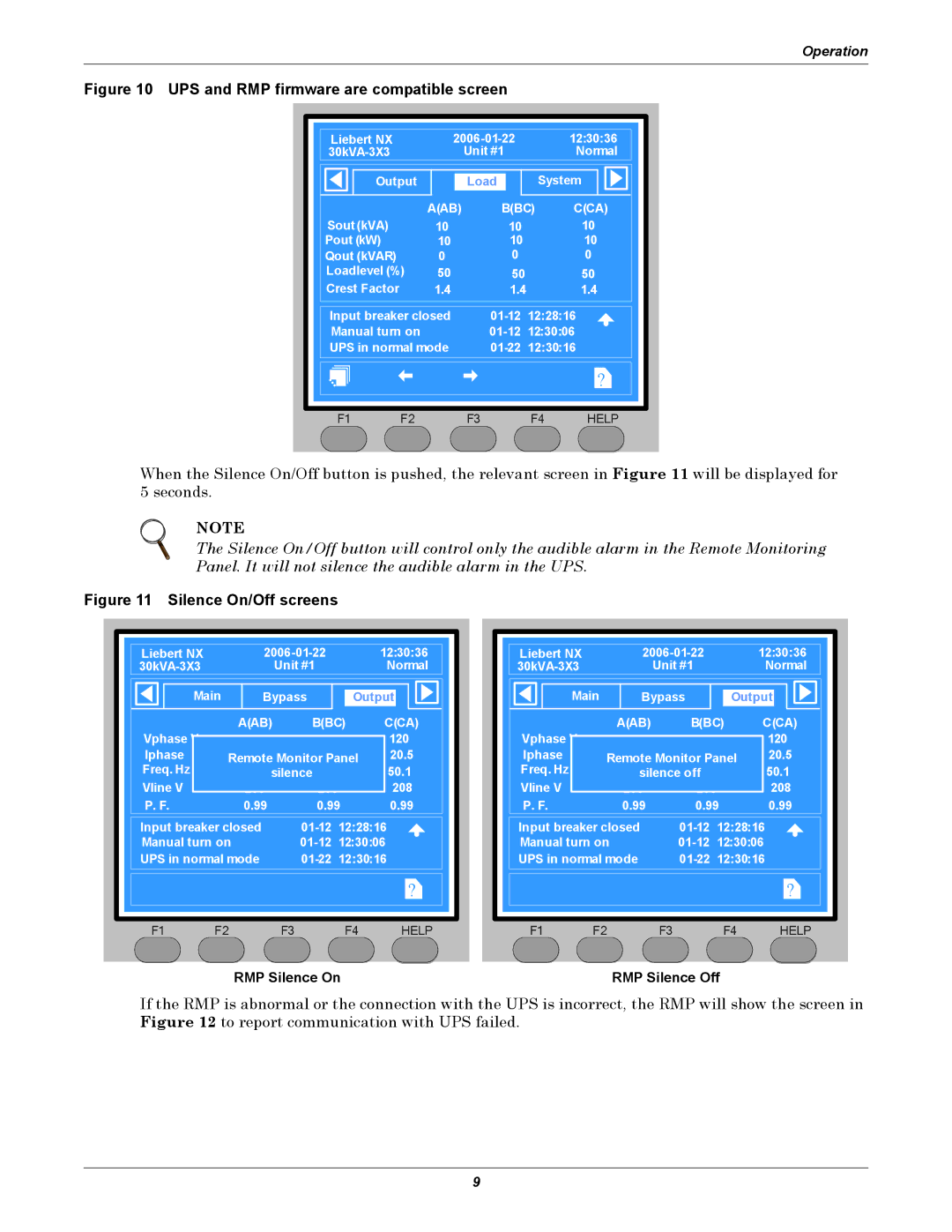 Emerson Remote Monitoring Panel user manual UPS and RMP firmware are compatible screen, Silence On/Off screens 