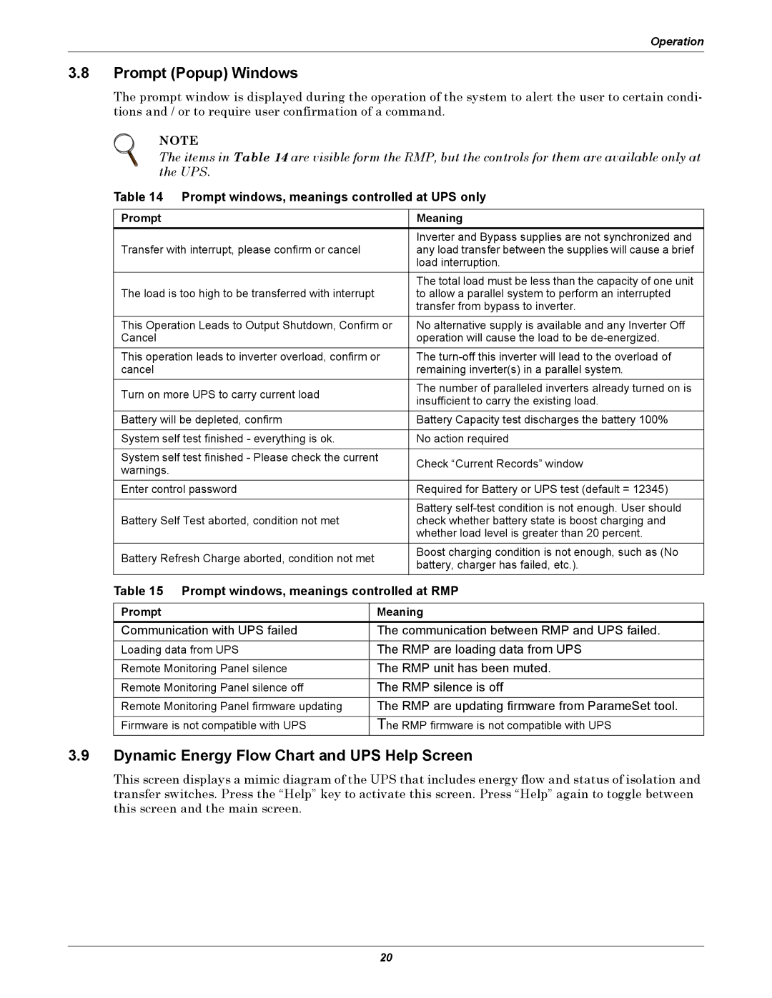 Emerson Remote Monitoring Panel Prompt Popup Windows, Dynamic Energy Flow Chart and UPS Help Screen, Prompt Meaning 