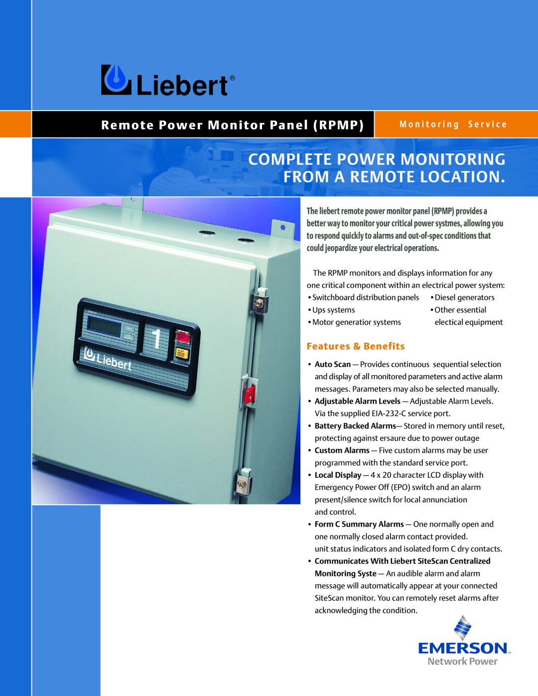 Emerson manual Remote Power Monitor Panel RPMP, Features & Benefits, M o n i t o r i n g S e r v i c e, Liebert 