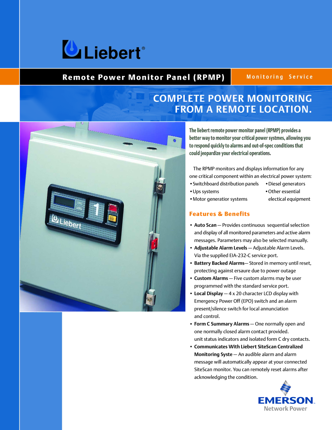 Emerson Remote Power Monitor Panel manual Liebert, Features & Benefits 