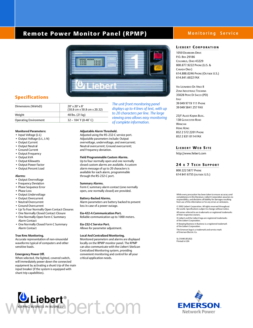 Emerson Remote Power Monitor Panel manual Specifications, Unit front monitoring panel, Complete information 