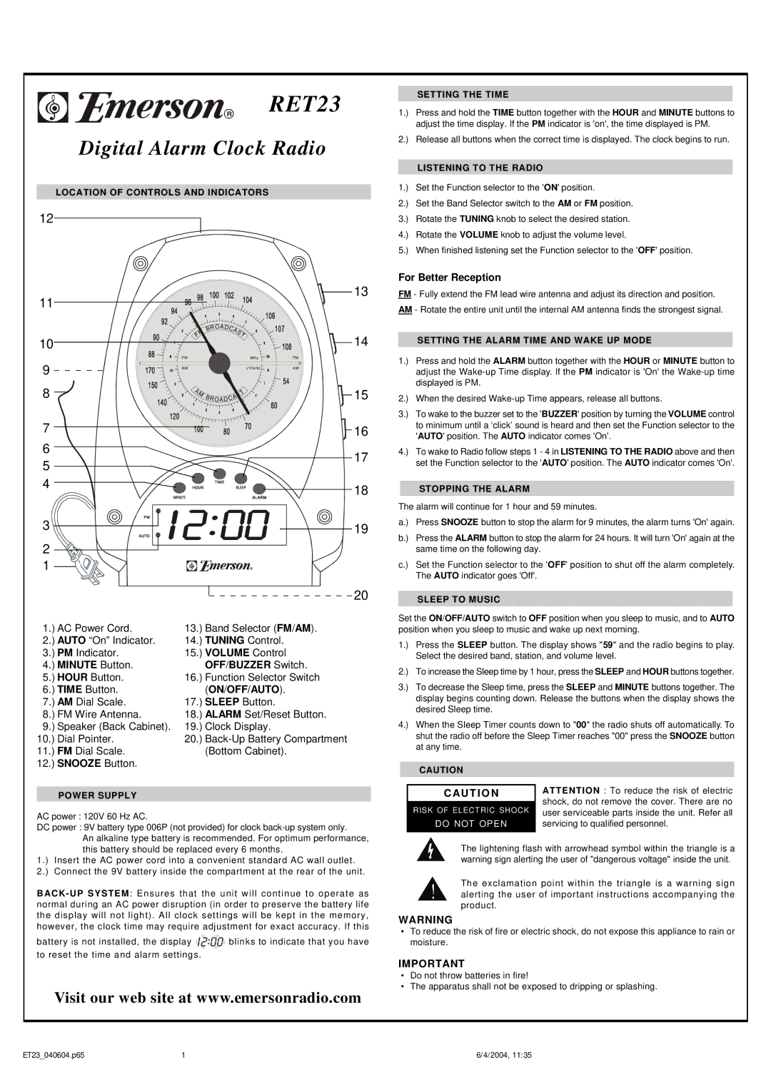 Emerson RET23 user service Setting the Time, Location of Controls and Indicators, Listening to the Radio, Power Supply 