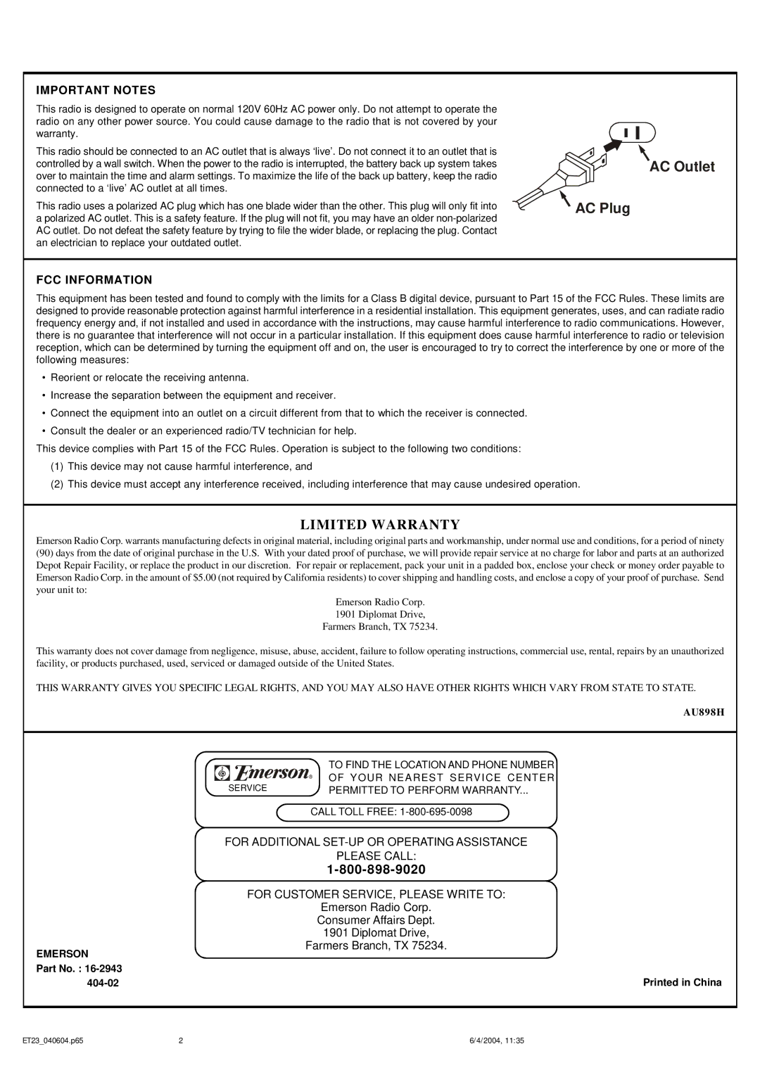 Emerson RET23 user service Important Notes, FCC Information 