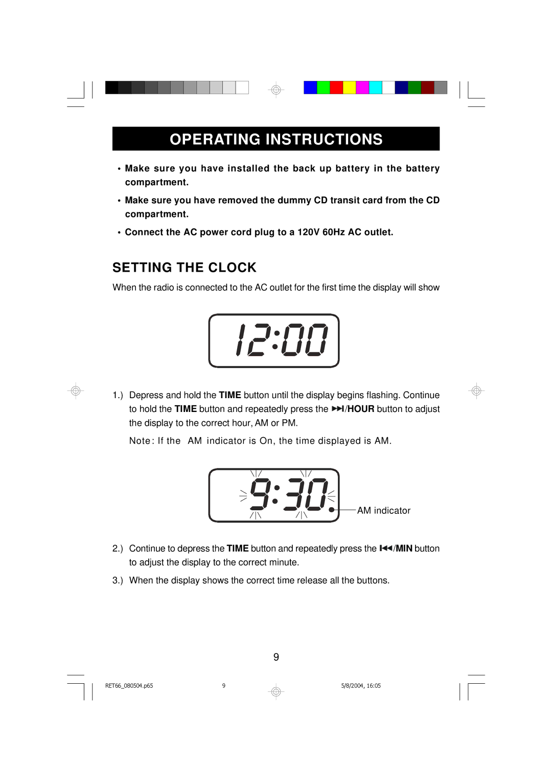 Emerson RET66BK, RET66TQ owner manual Operating Instructions, Setting the Clock 