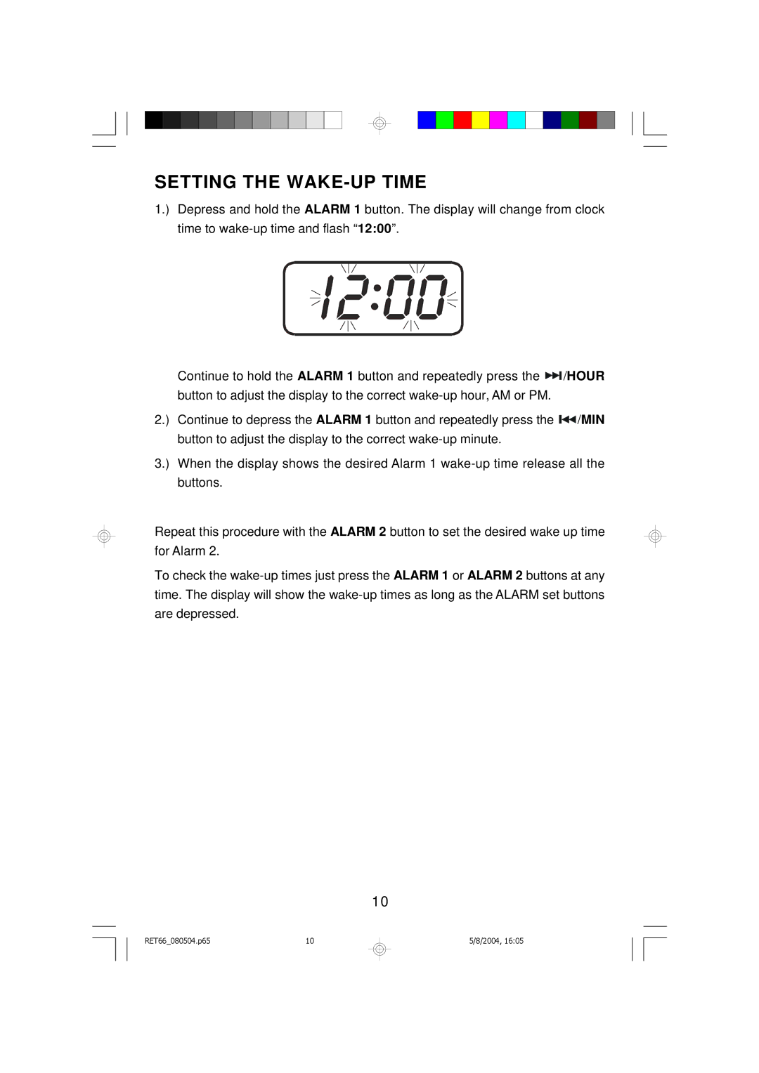 Emerson RET66TQ, RET66BK owner manual Setting the WAKE-UP Time 