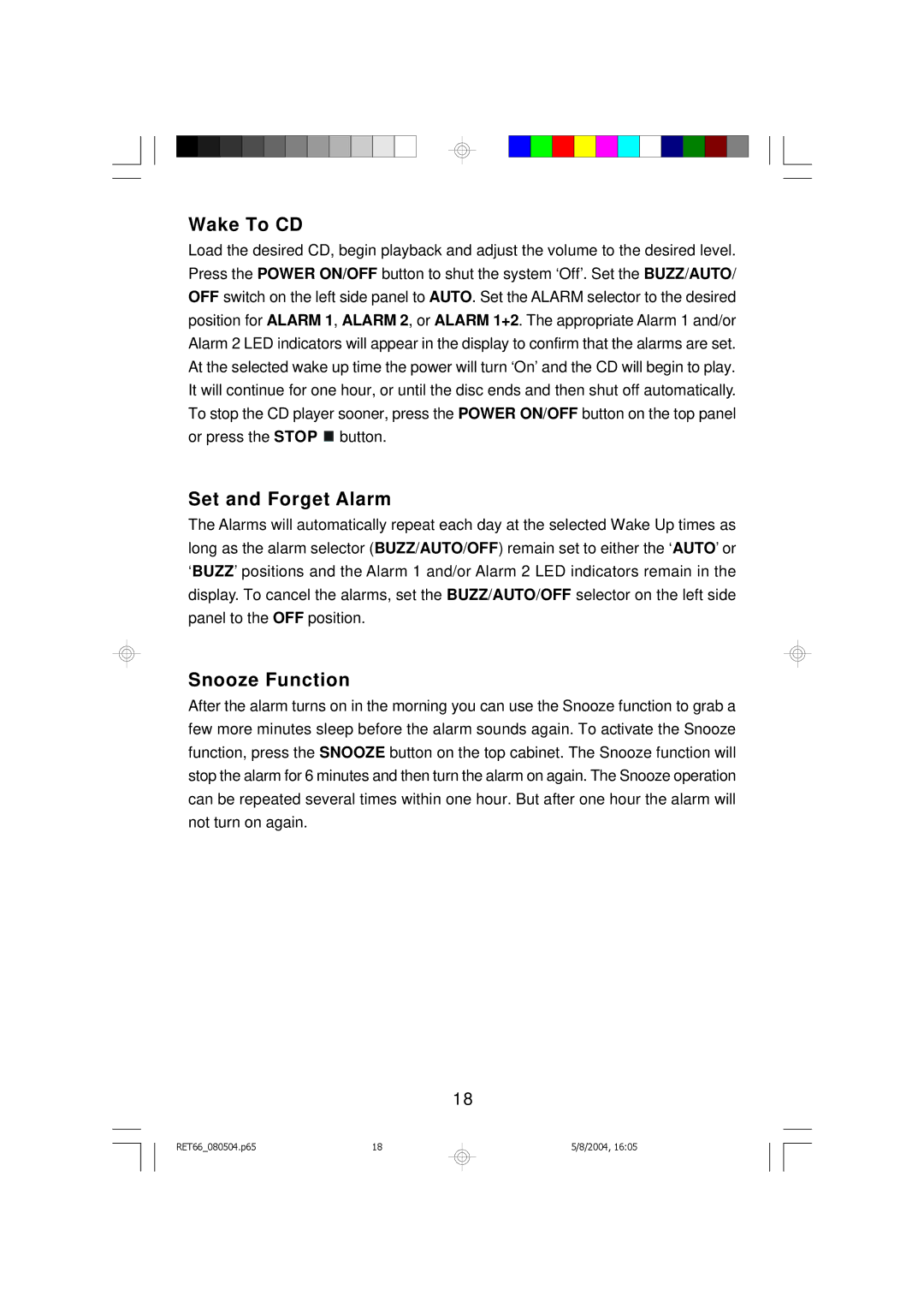 Emerson RET66TQ, RET66BK owner manual Wake To CD, Set and Forget Alarm, Snooze Function 