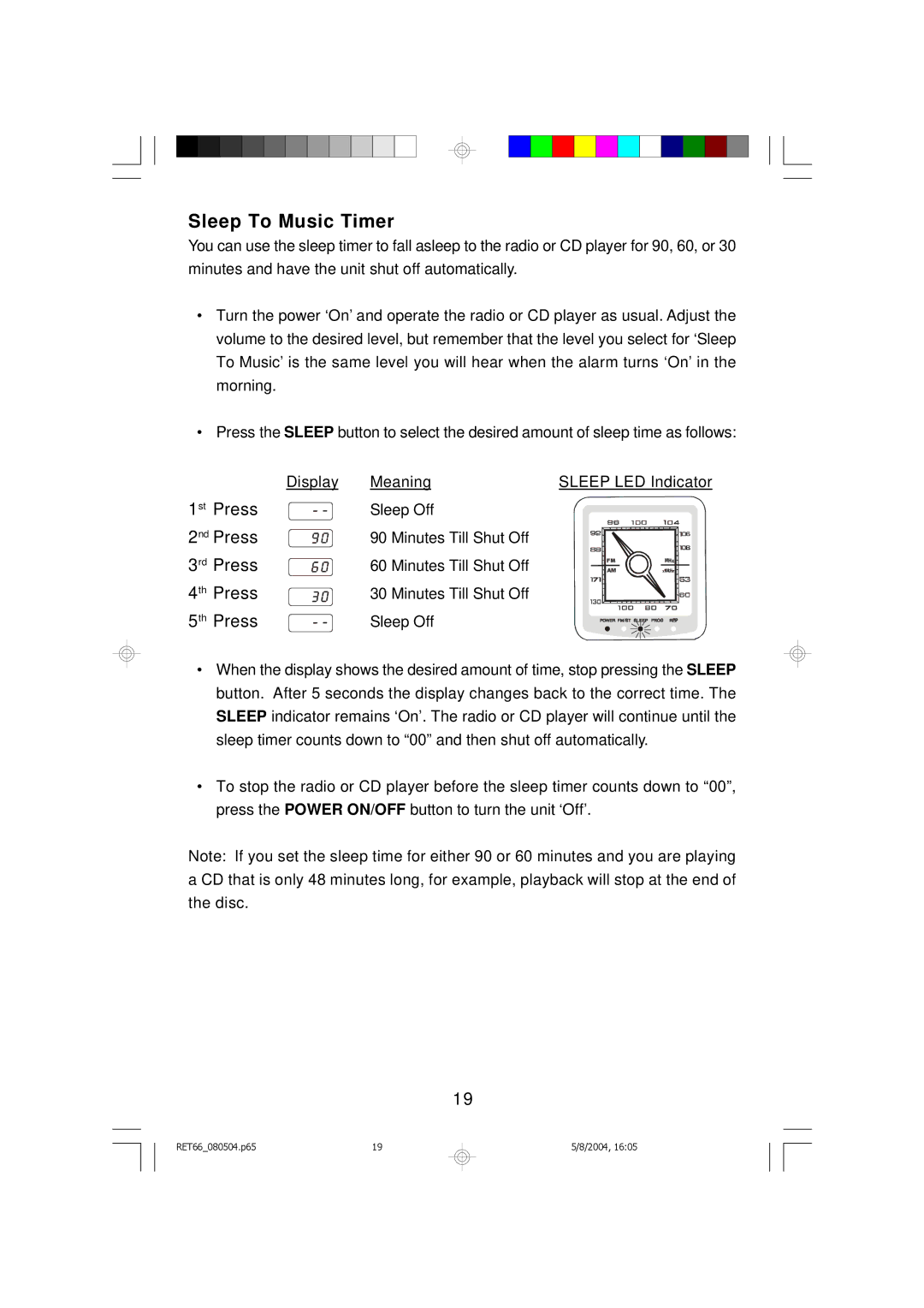 Emerson RET66BK, RET66TQ owner manual Sleep To Music Timer, 5th Press 