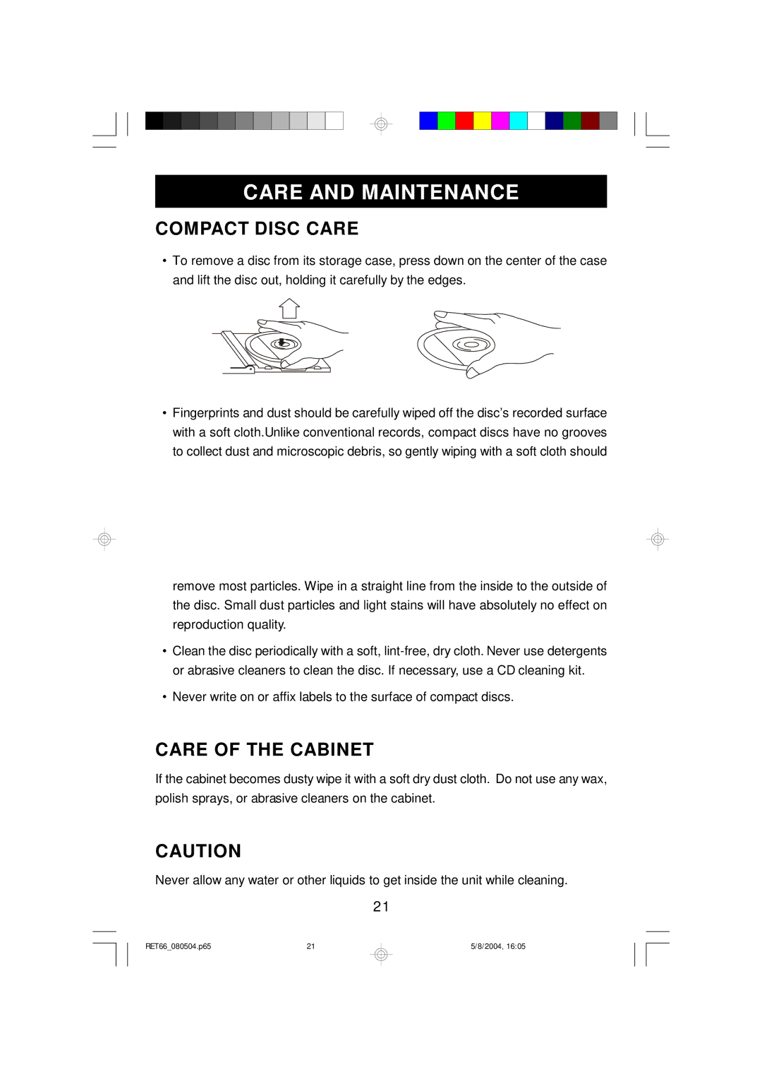 Emerson RET66BK, RET66TQ owner manual Care and Maintenance, Compact Disc Care, Care of the Cabinet 