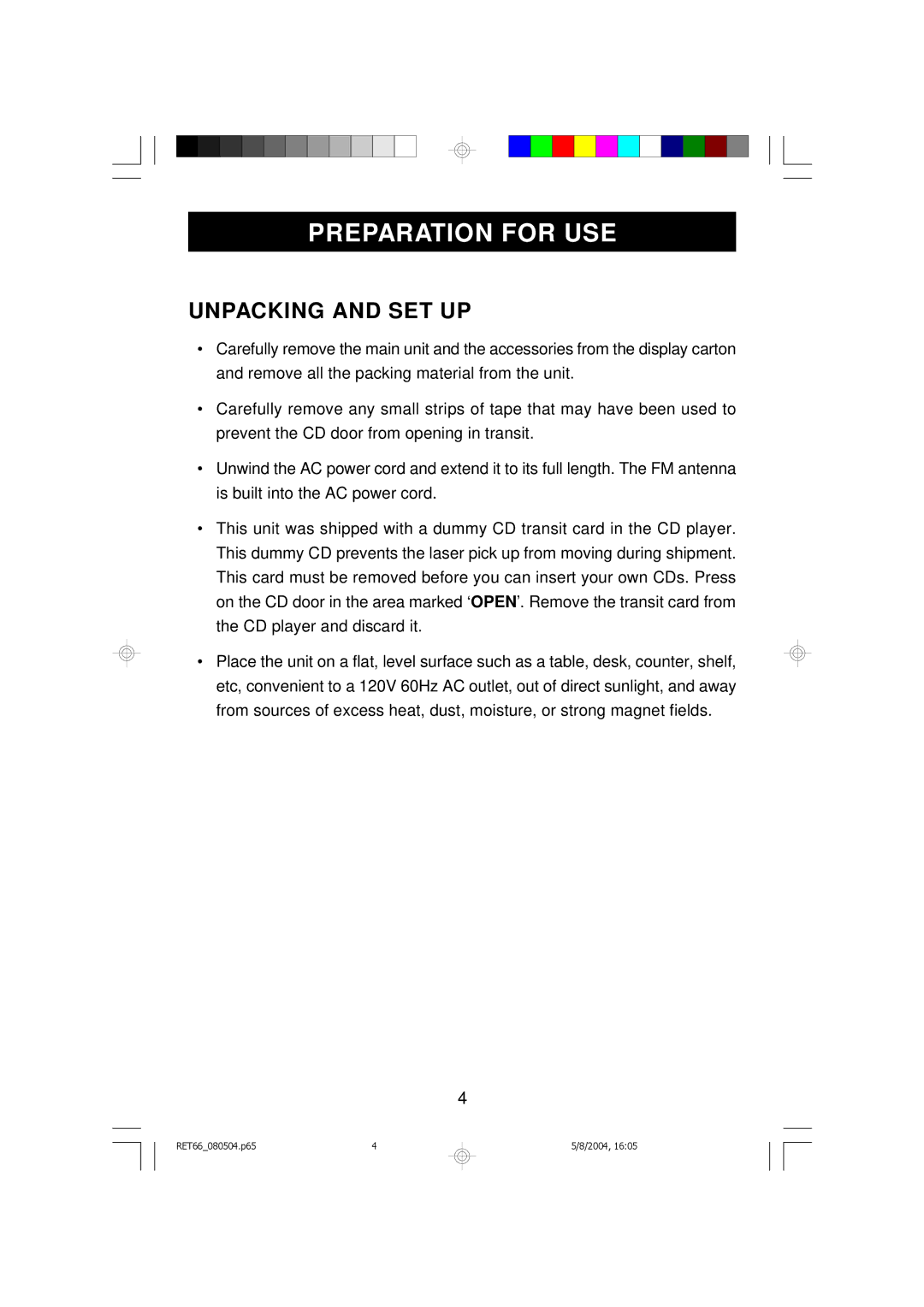 Emerson RET66TQ, RET66BK owner manual Preparation for USE, Unpacking and SET UP 