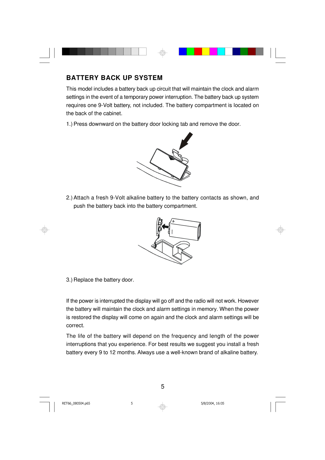 Emerson RET66BK, RET66TQ owner manual Battery Back UP System 