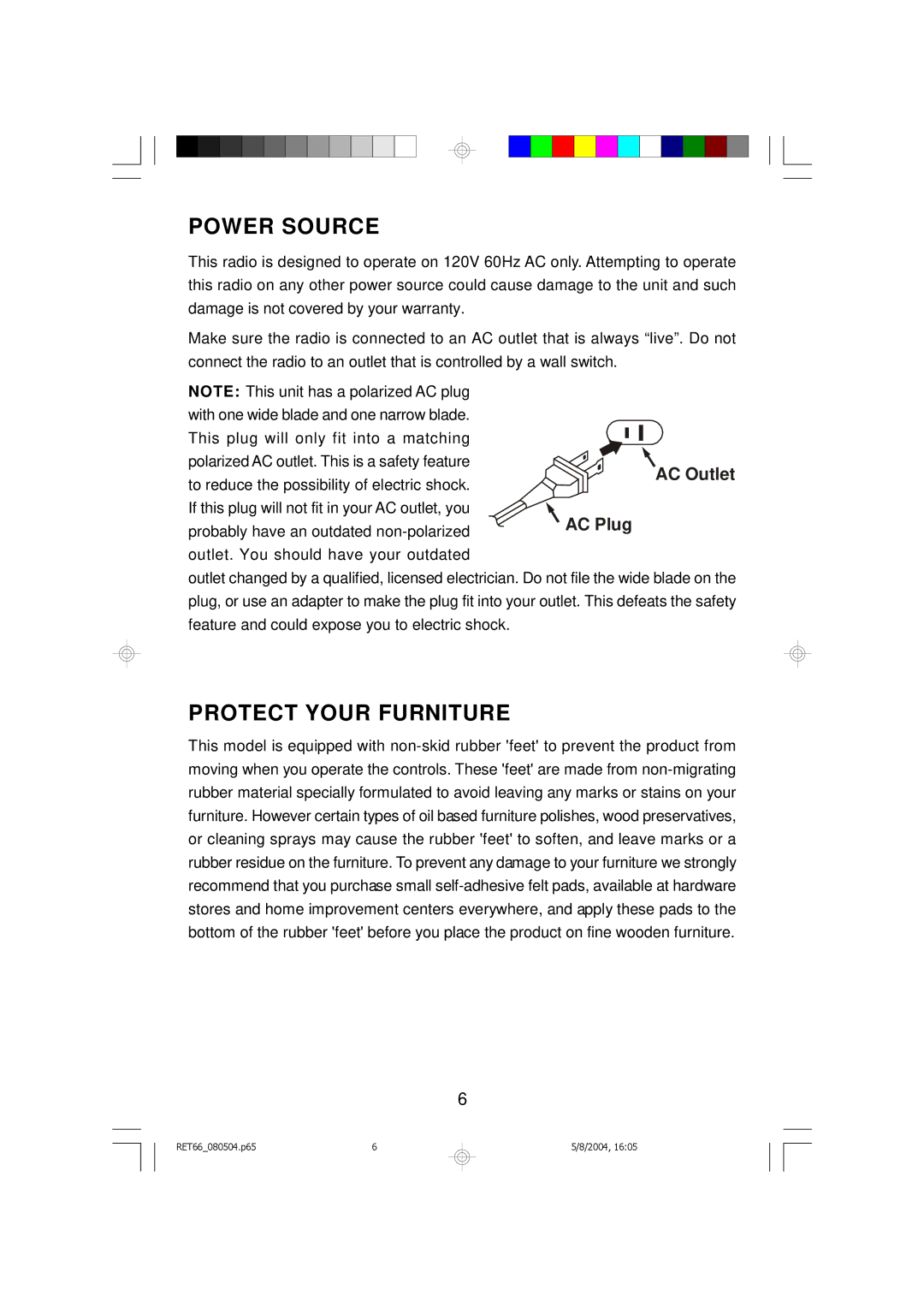 Emerson RET66TQ, RET66BK owner manual Power Source, Protect Your Furniture 