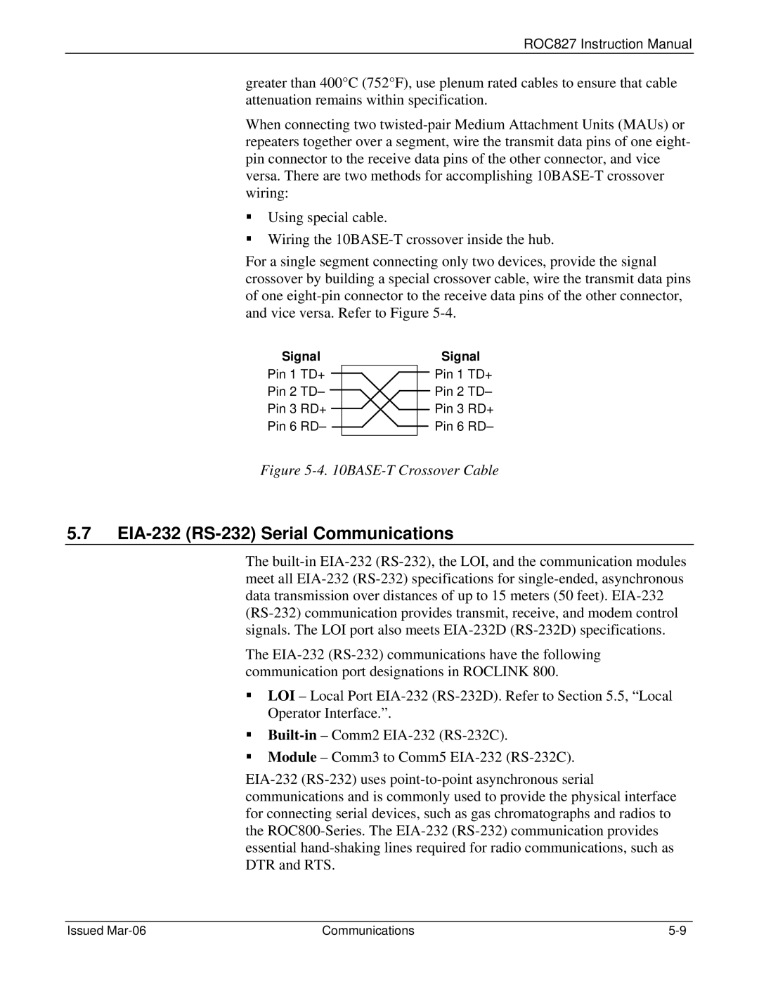 Emerson ROC827 instruction manual EIA-232 RS-232 Serial Communications, BASE-T Crossover Cable 