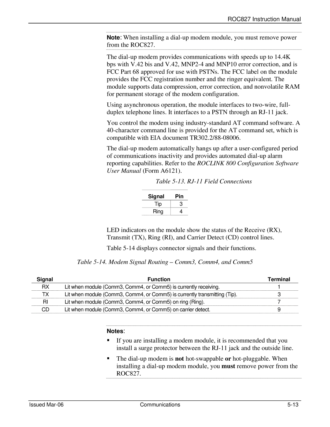 Emerson ROC827 RJ-11 Field Connections, Modem Signal Routing Comm3, Comm4, and Comm5, Signal Pin, Tip Ring 