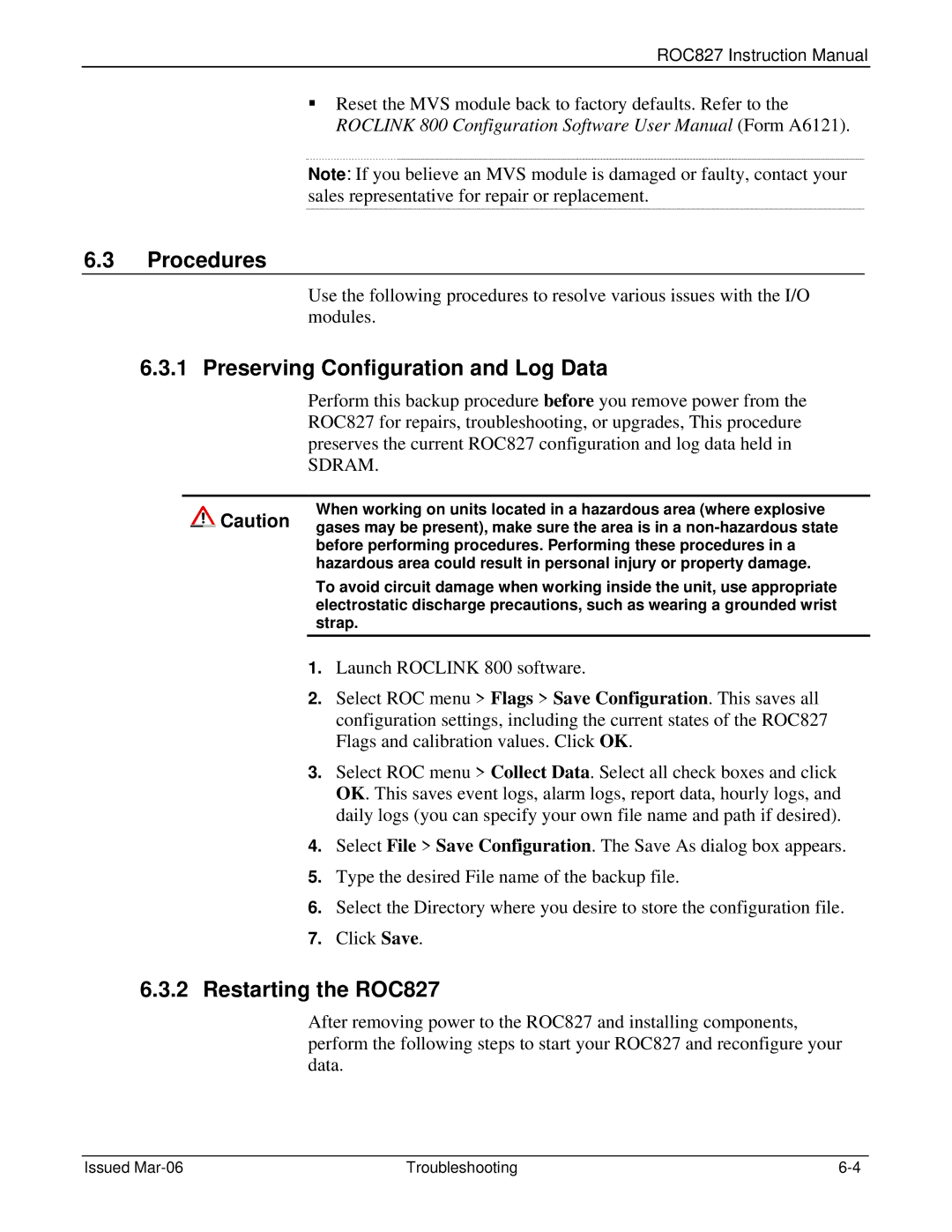 Emerson instruction manual Procedures, Preserving Configuration and Log Data, Restarting the ROC827 