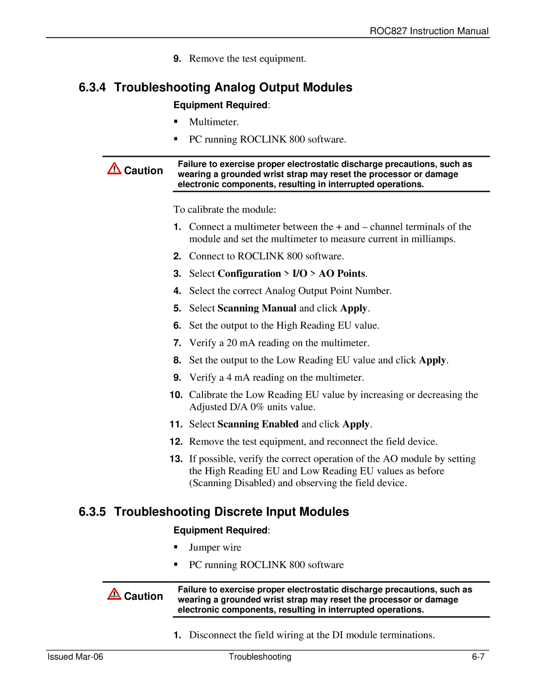 Emerson ROC827 instruction manual Troubleshooting Analog Output Modules, Troubleshooting Discrete Input Modules 