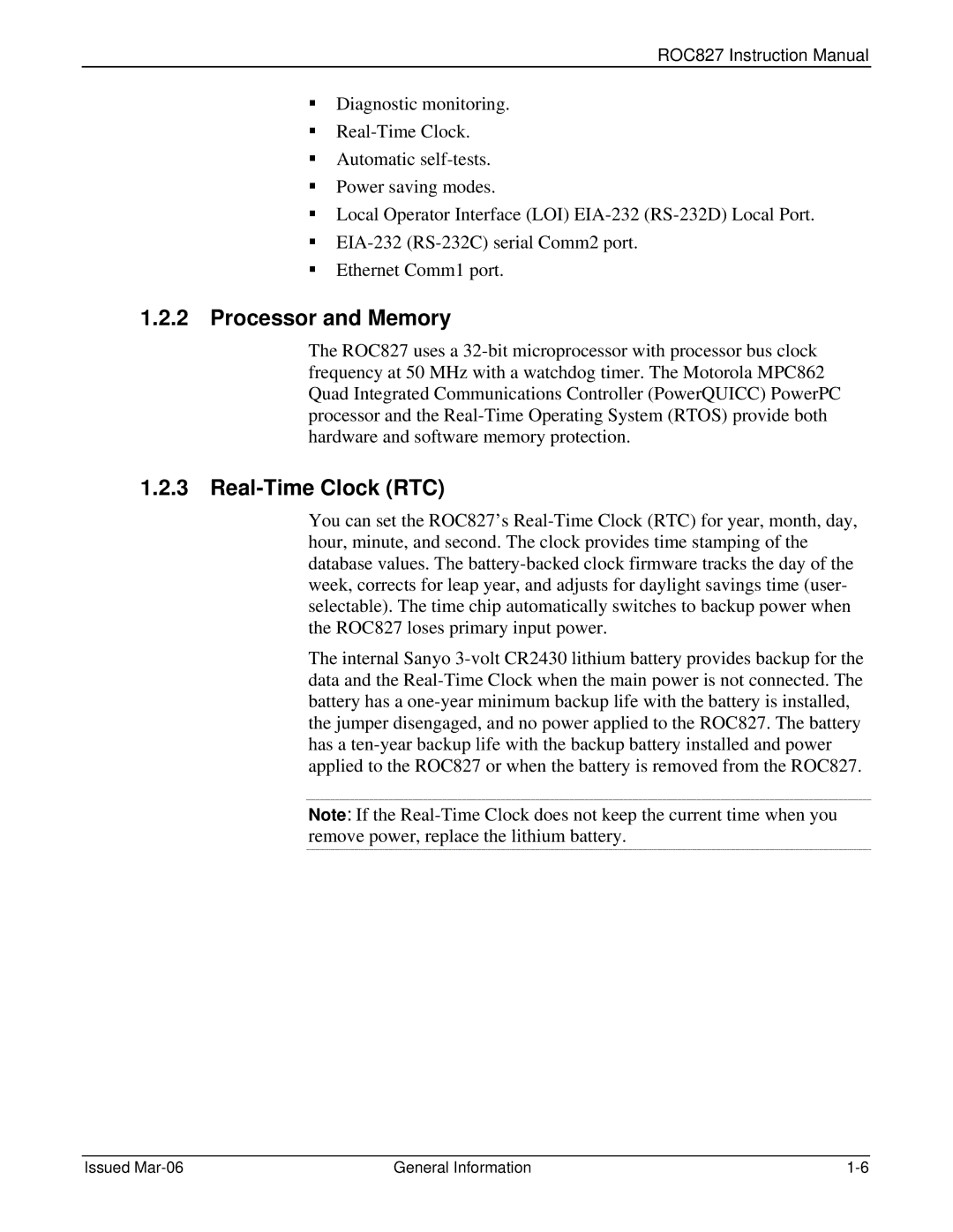 Emerson ROC827 instruction manual Processor and Memory, Real-Time Clock RTC 