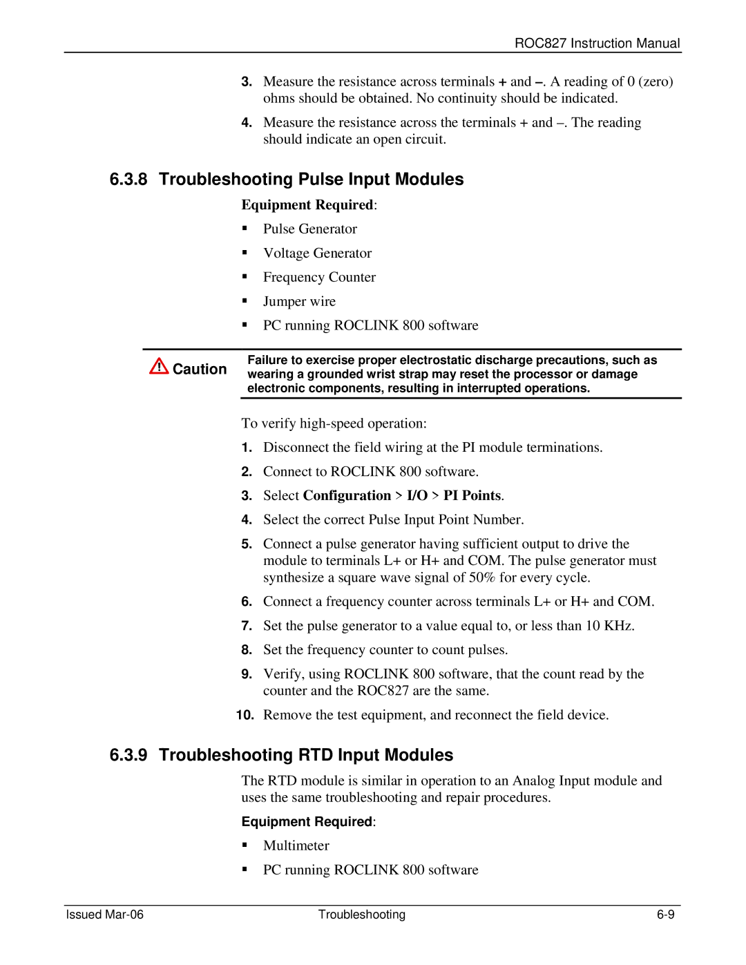 Emerson ROC827 Troubleshooting Pulse Input Modules, Troubleshooting RTD Input Modules, Equipment Required 