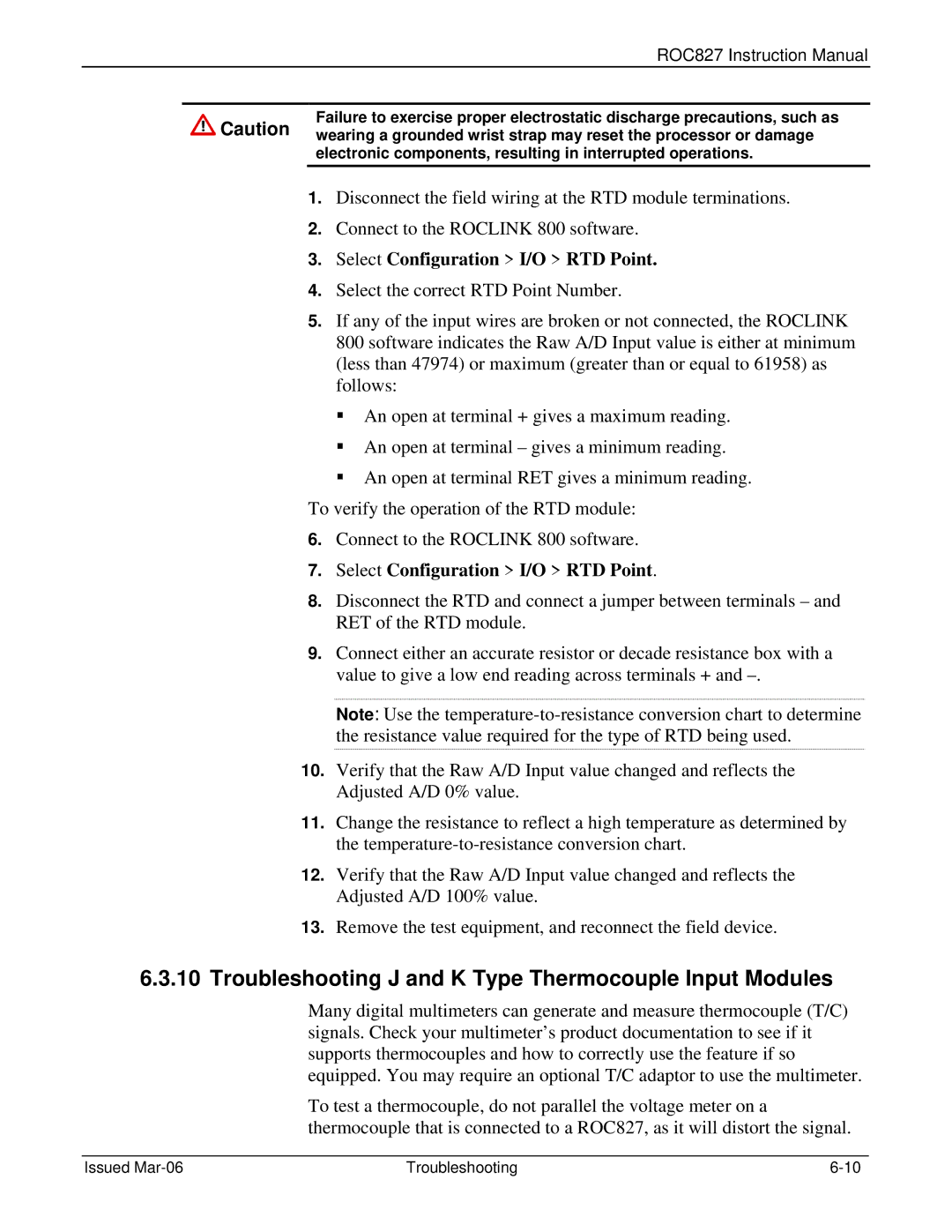 Emerson ROC827 Troubleshooting J and K Type Thermocouple Input Modules, Select Configuration I/O RTD Point 