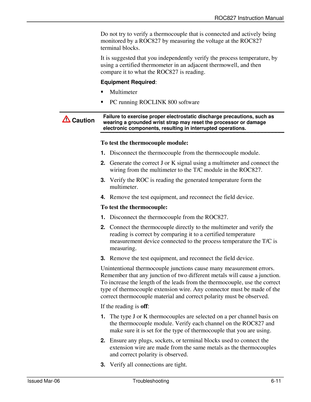 Emerson ROC827 instruction manual To test the thermocouple module 