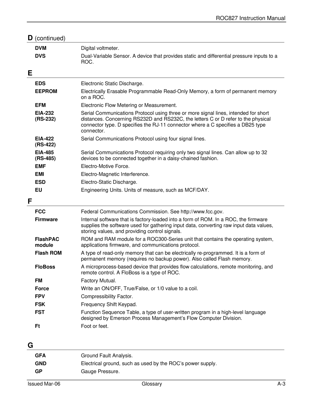 Emerson ROC827 instruction manual EIA-232, EIA-422, RS-422 EIA-485, Firmware, FlashPAC, Flash ROM, FloBoss, Force 