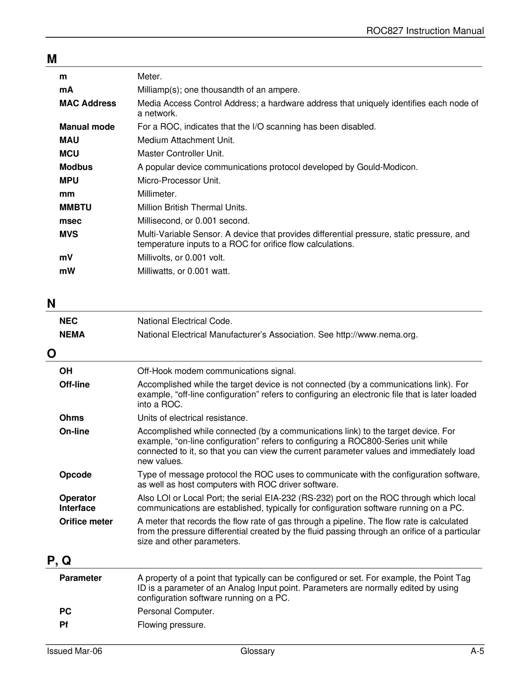 Emerson ROC827 MAC Address, Manual mode, Modbus, Msec, Off-line, Ohms, On-line, Opcode, Operator, Interface, Orifice meter 