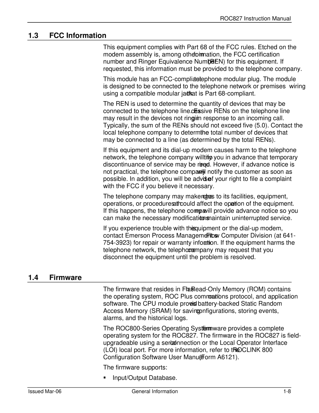 Emerson ROC827 instruction manual FCC Information, Firmware 