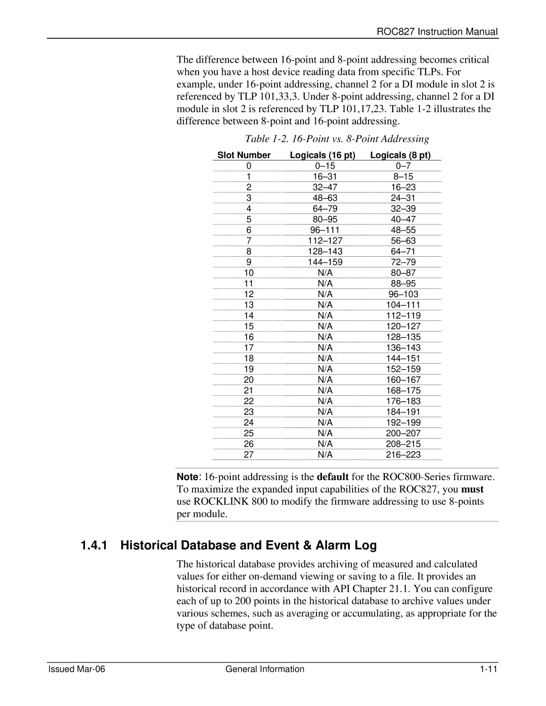 Emerson ROC827 instruction manual Historical Database and Event & Alarm Log, Point vs -Point Addressing 