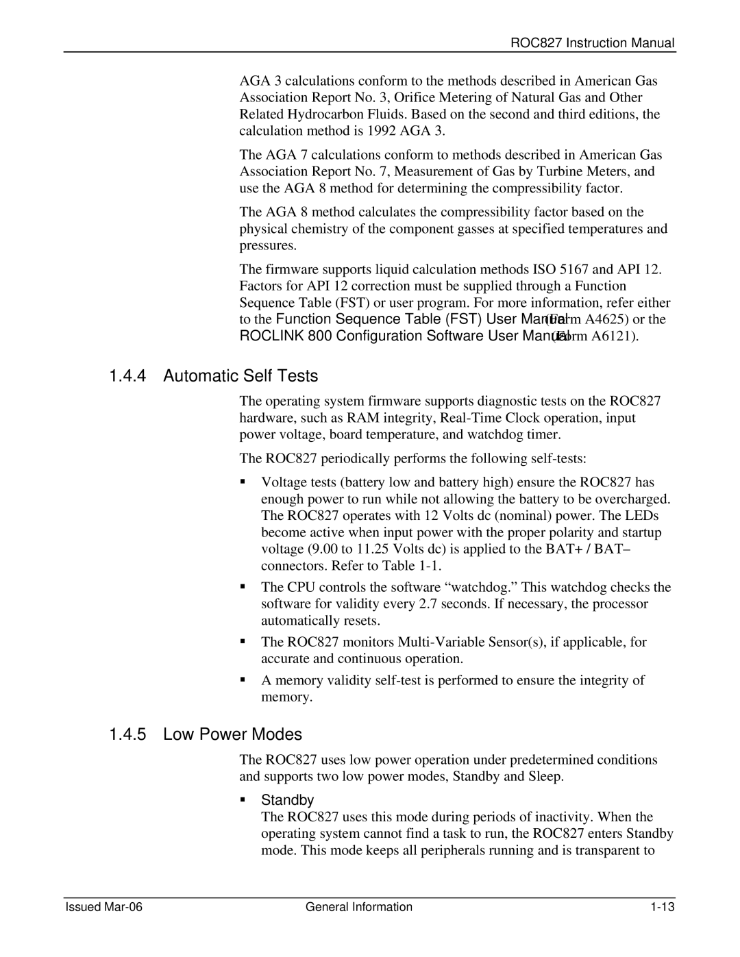 Emerson ROC827 instruction manual Automatic Self Tests, Low Power Modes 