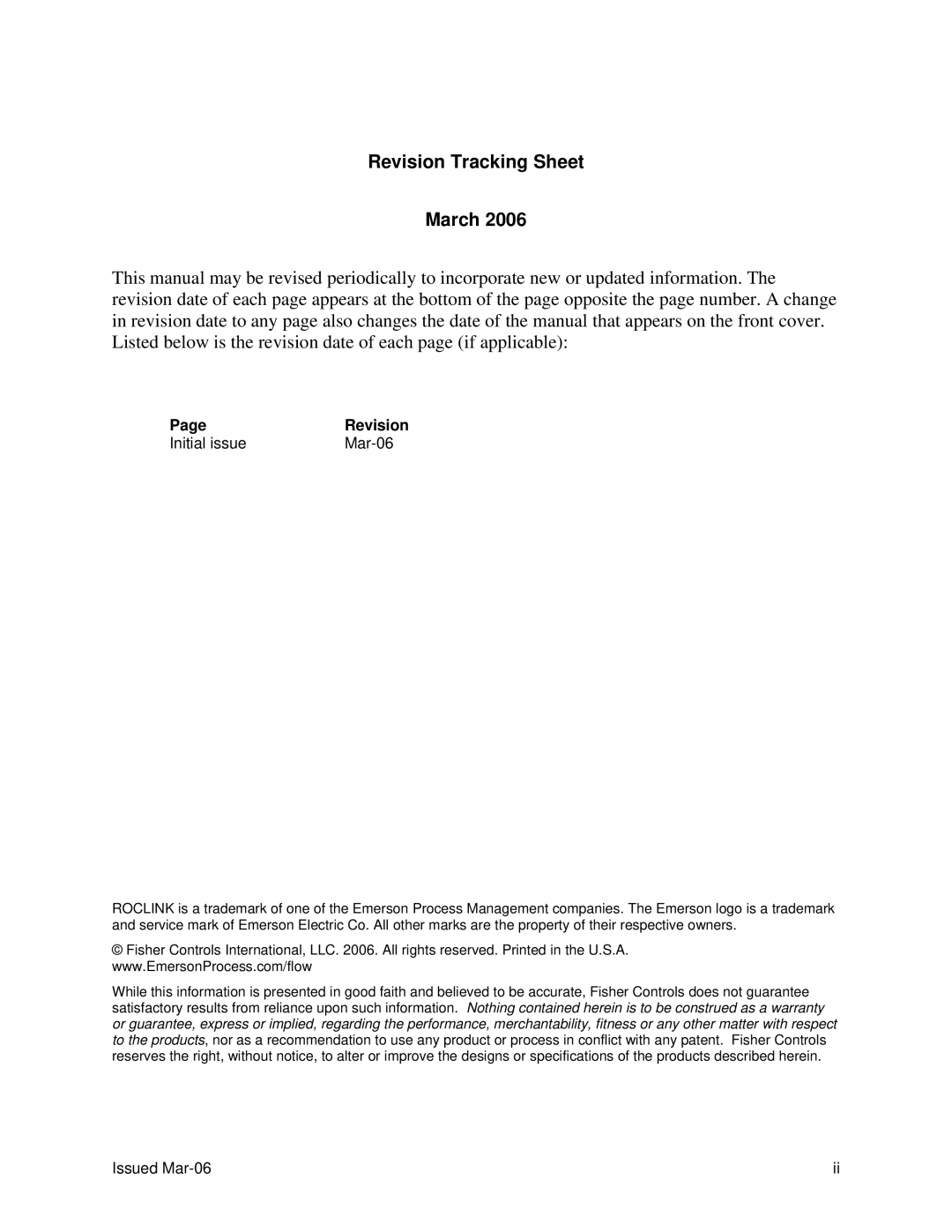 Emerson ROC827 instruction manual Revision, Initial issue Mar-06, Issued Mar-06 