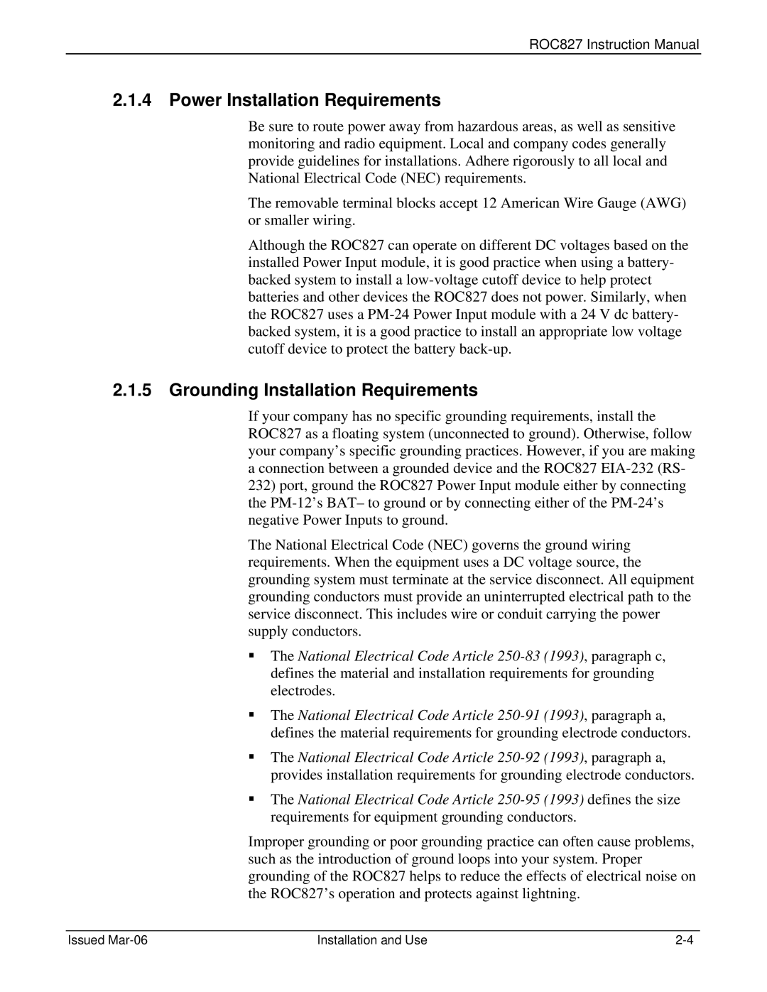 Emerson ROC827 instruction manual Power Installation Requirements, Grounding Installation Requirements 