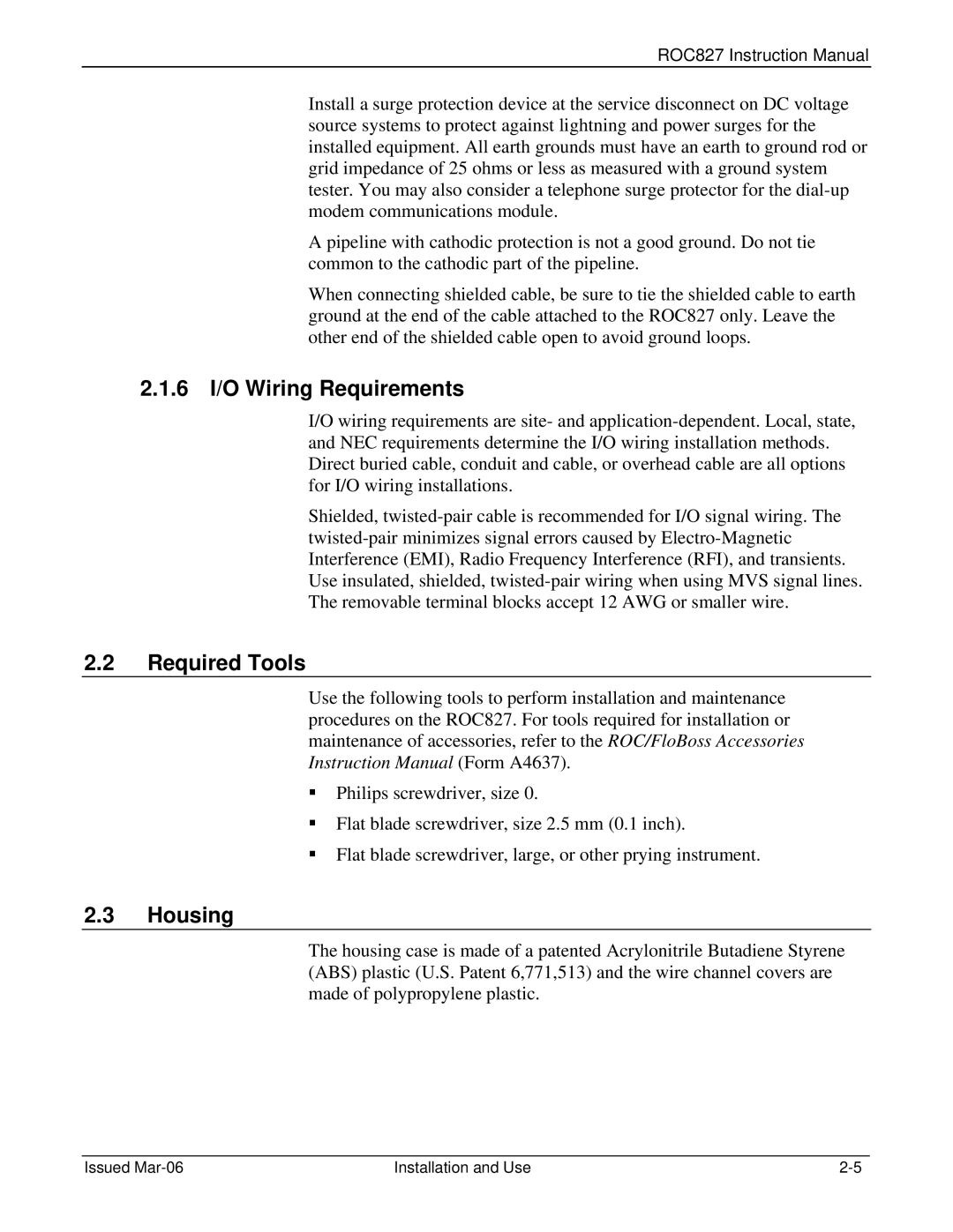 Emerson ROC827 instruction manual 6 I/O Wiring Requirements, Required Tools, Housing 