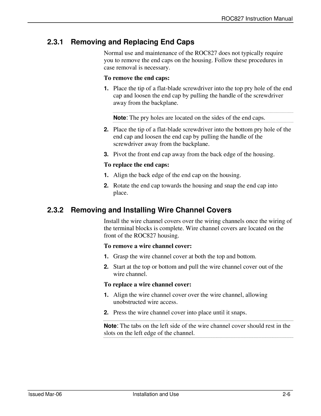 Emerson ROC827 instruction manual Removing and Replacing End Caps, Removing and Installing Wire Channel Covers 