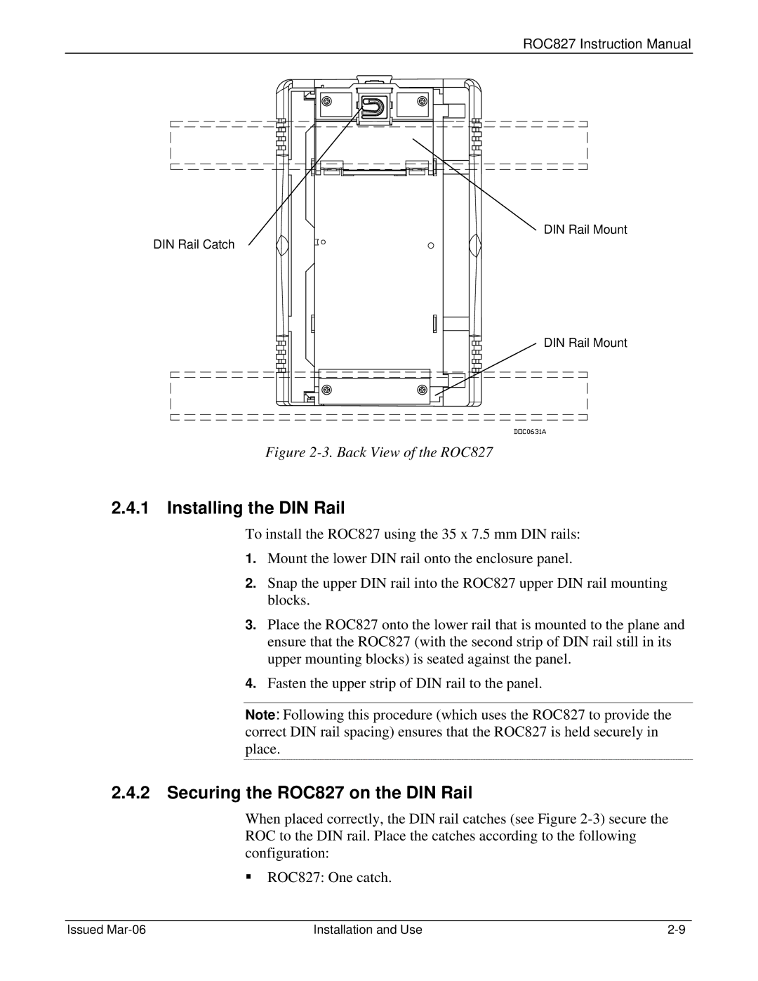 Emerson instruction manual Installing the DIN Rail, Securing the ROC827 on the DIN Rail, DIN Rail Catch DIN Rail Mount 