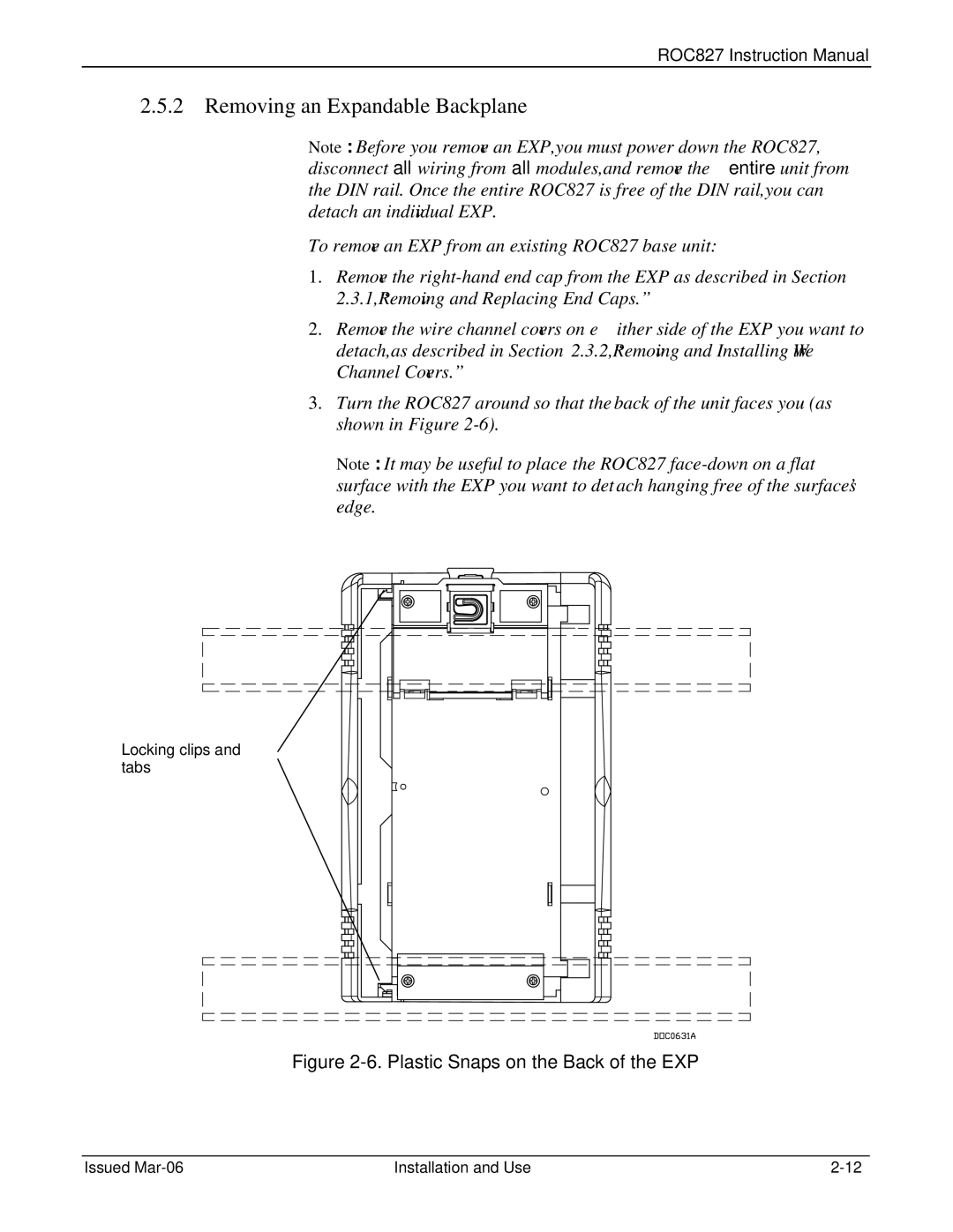 Emerson ROC827 instruction manual Removing an Expandable Backplane, Locking clips and tabs 