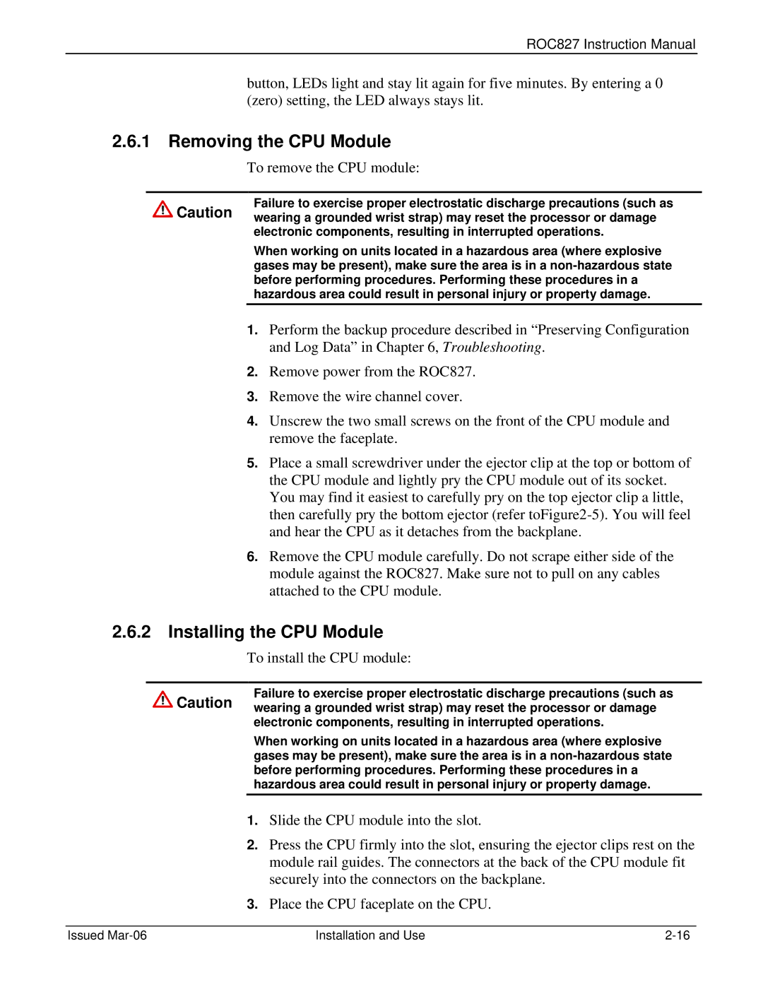 Emerson ROC827 instruction manual Removing the CPU Module, Installing the CPU Module 